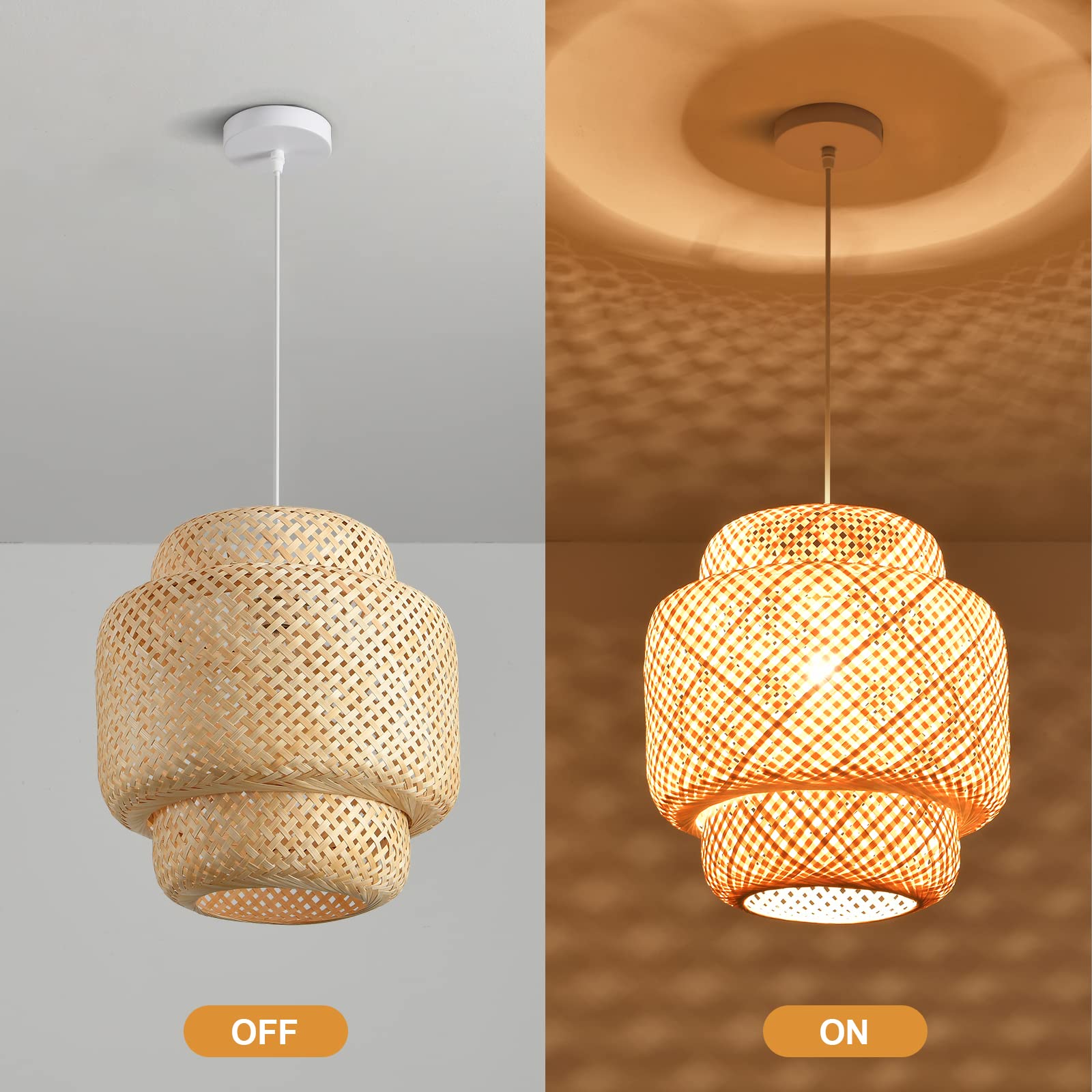 Boho Bamboo Pendant Light, 23.64in Bohemian Hand-Woven Rattan Chandelier Coastal Wicker Lighting Fixtures Hanging Lamp for Kitchen Island Dining Living Room Restaurants Bedroom