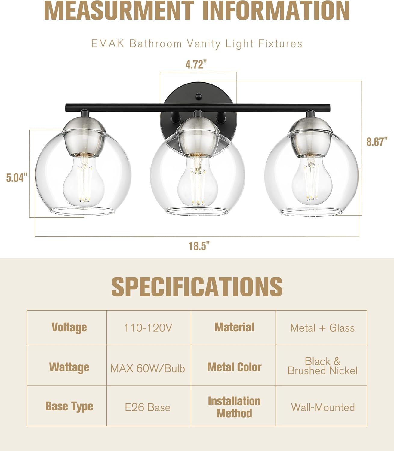 Black Vanity Lights for Mirror, Modern Farmhouse 2-Light Bathroom Light Fixtures Globe Bathroom Vanity Light with Milk Glass Shade, VL114-BK-ML-2