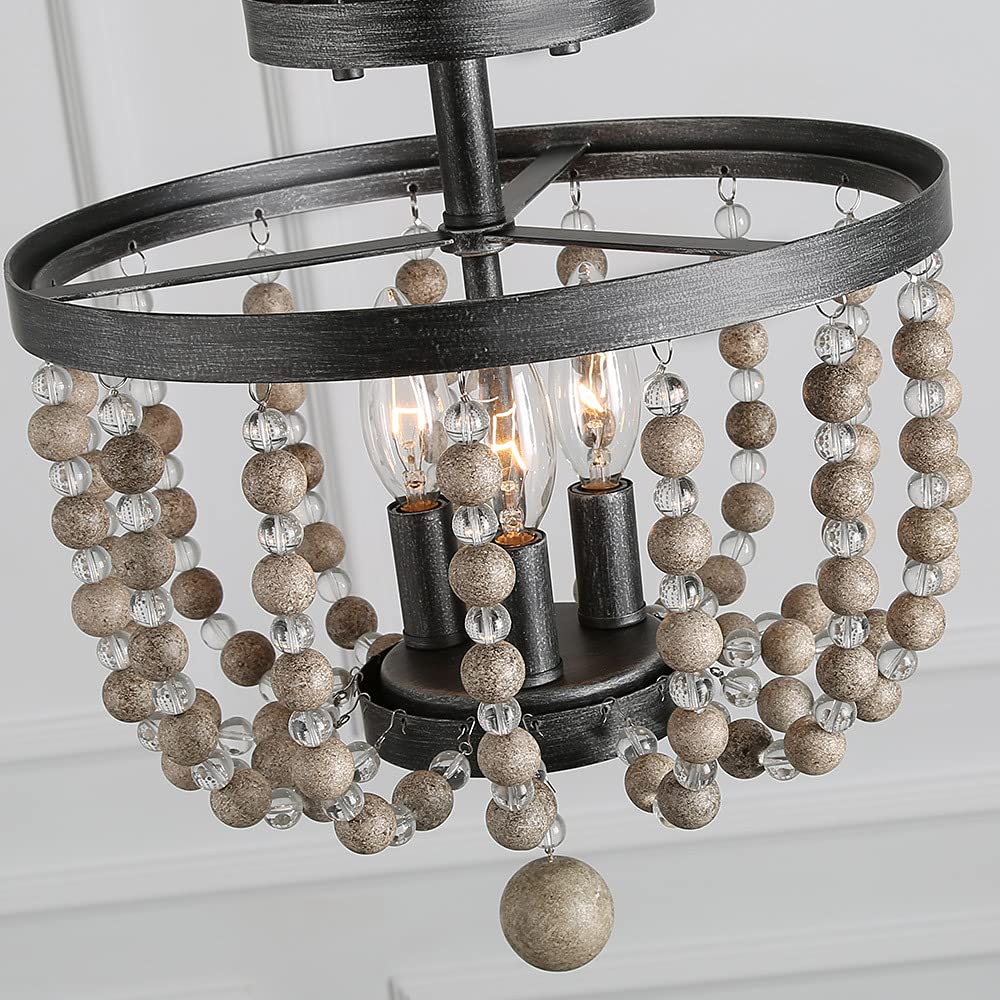 Ceiling Light Fixture, 3-Light Bohemian Lighting for Entryway, Foyer, Distressed Wood Bead Chandelier, Dark Silver Brushed, 12 D” x 13.6” H