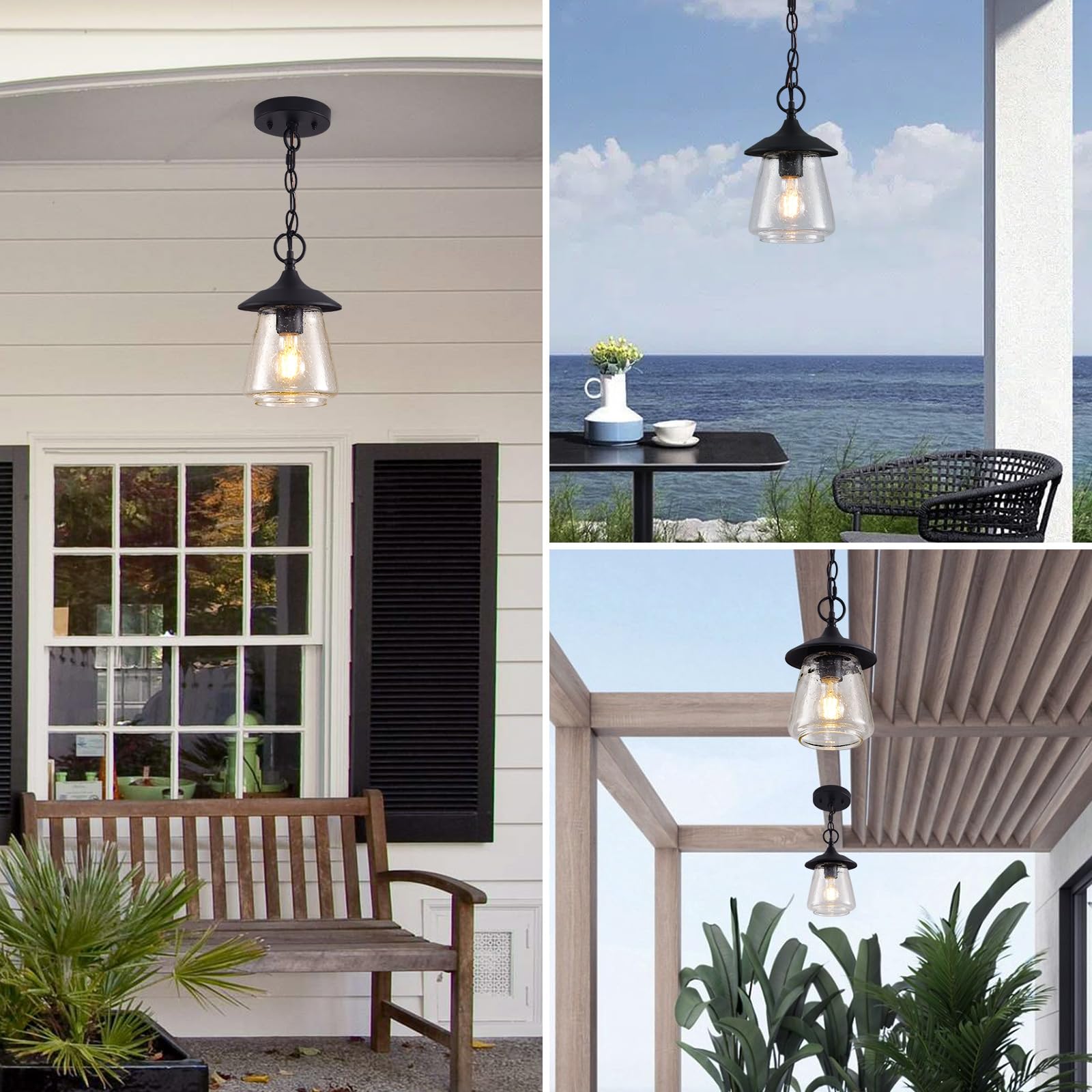 Outdoor Pendant Light, Black Outdoor Porch Light fixtures with Anti-Rust, Exterior Hanging Lantern, Height Adjustable Outside Chandelier with Water Glass for House Patio Garage