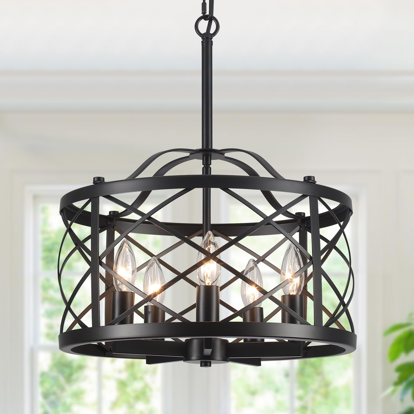 15.7'' Farmhouse Chandeliers for Dining Room 5-Light Black Rustic Drum Chandelier Adjustable Industrial Pendant Light Fixture for Kitchen Island Foyer Hallway Bedroom