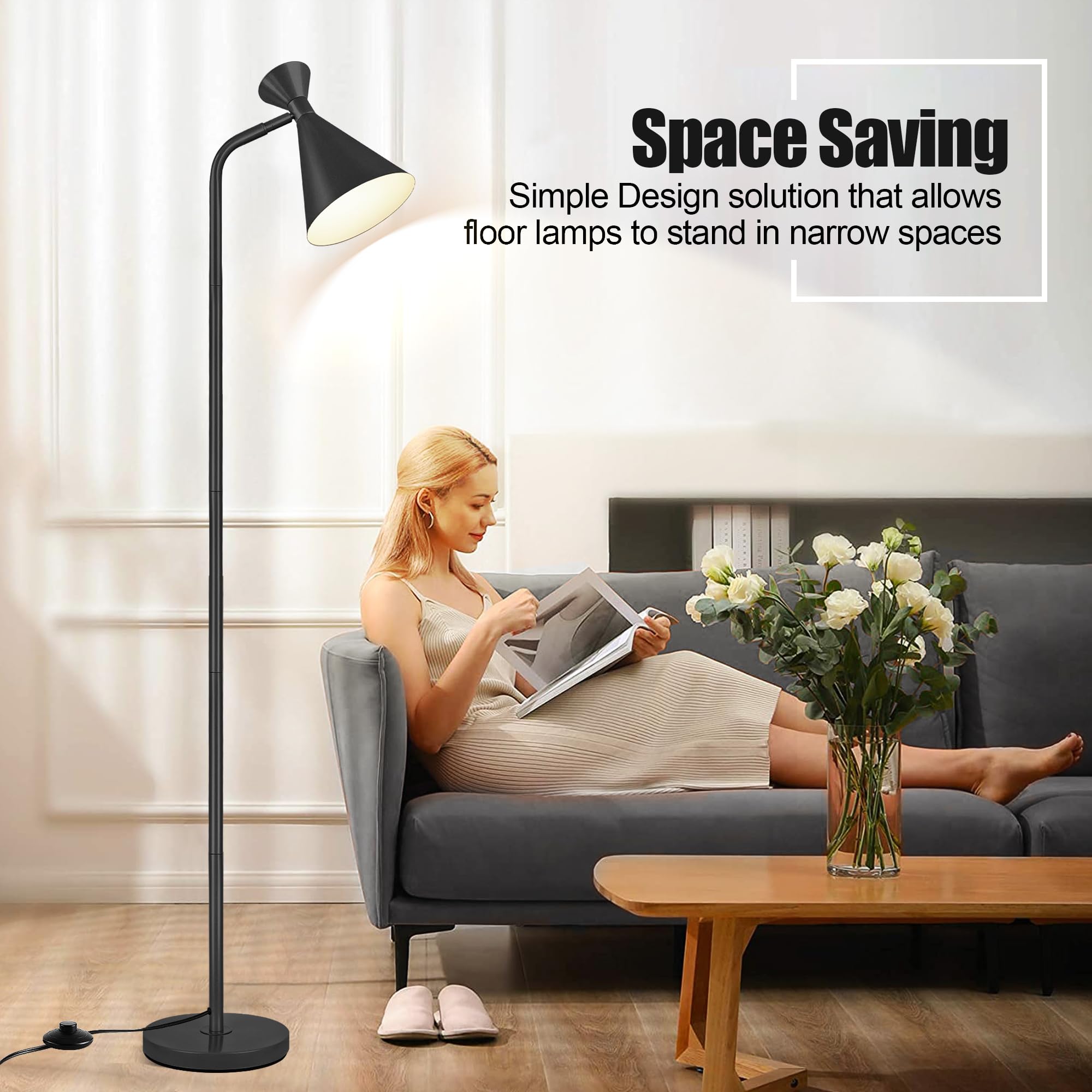 PARTPHONER Floor Lamp for Living Room, Modern Adjustable Metal Heads Standing Lamps, Simple Design Black Floor Lamp with Foot Switch for Bedroom, Office, Kids Room, Reading, Working(Bulb Not Included)