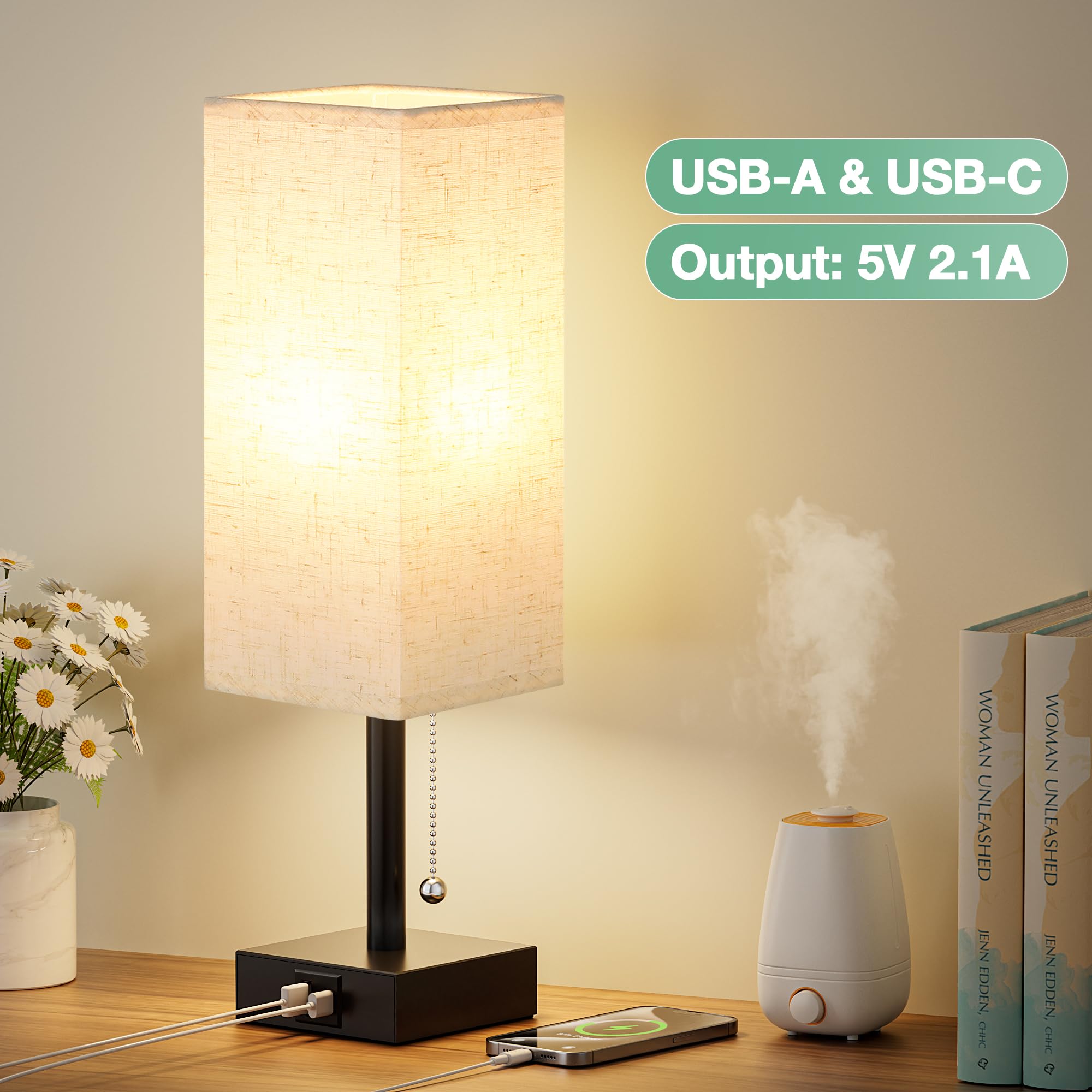 Small Table Lamp for Bedroom - Bedside Lamps for Nightstand, Minimalist Night Stand Light Lamp with Square Fabric Shade, Desk Reading Lamp for Kids Room Living Room Office Dorm