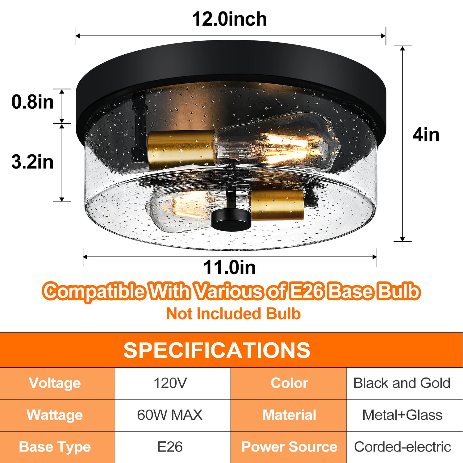 Black Flush Mount Ceiling Light Fixtures, 2-Light Ceiling Mount for Farmhouse with Seeded Glass Lampshade, Industrial Flush Mount Light Fixture Farmhouse for Hallway, Kitchen, Entryway and Foyer