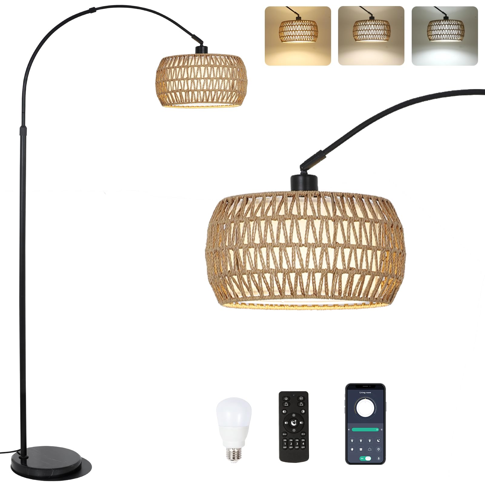 Arc Floor Lamps for Living Room with 3 Color Temperatures, Black Standing Lamp with Remote & Dimmable LED Bulb, Rattan Boho Floor Lamp, Farmhouse Tall Lamp for Bedroom, Over Couch Arched Reading Light