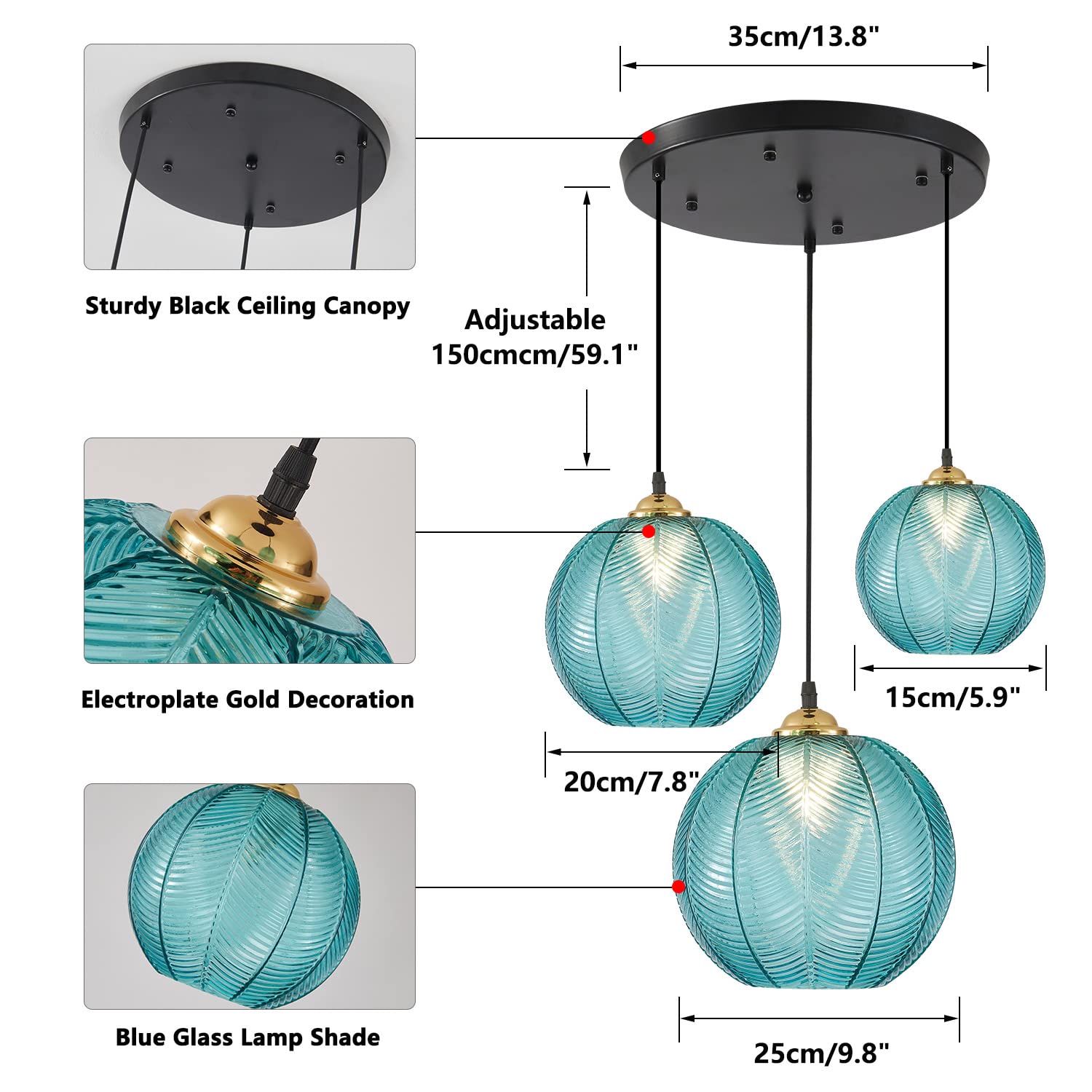 KCO Lighting 3-Lights Smoke Gray Glass Pendant Light Black Globe Round Cluster Chandelier Mid-Century Modern Multi Light Pendant Lighting Nordic Kitchen Island Light Fixture