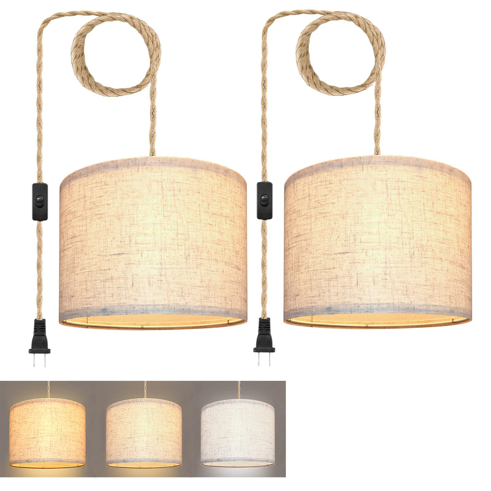 Plug in Pendant Light, Hanging Light with Plug in Cord with Dimmable Switch, Hanging Lamp with 15ft Hemp Rope, Beige Linen Shade, Hanging Light Fixture for Bedroom, Living Room 2 Pack