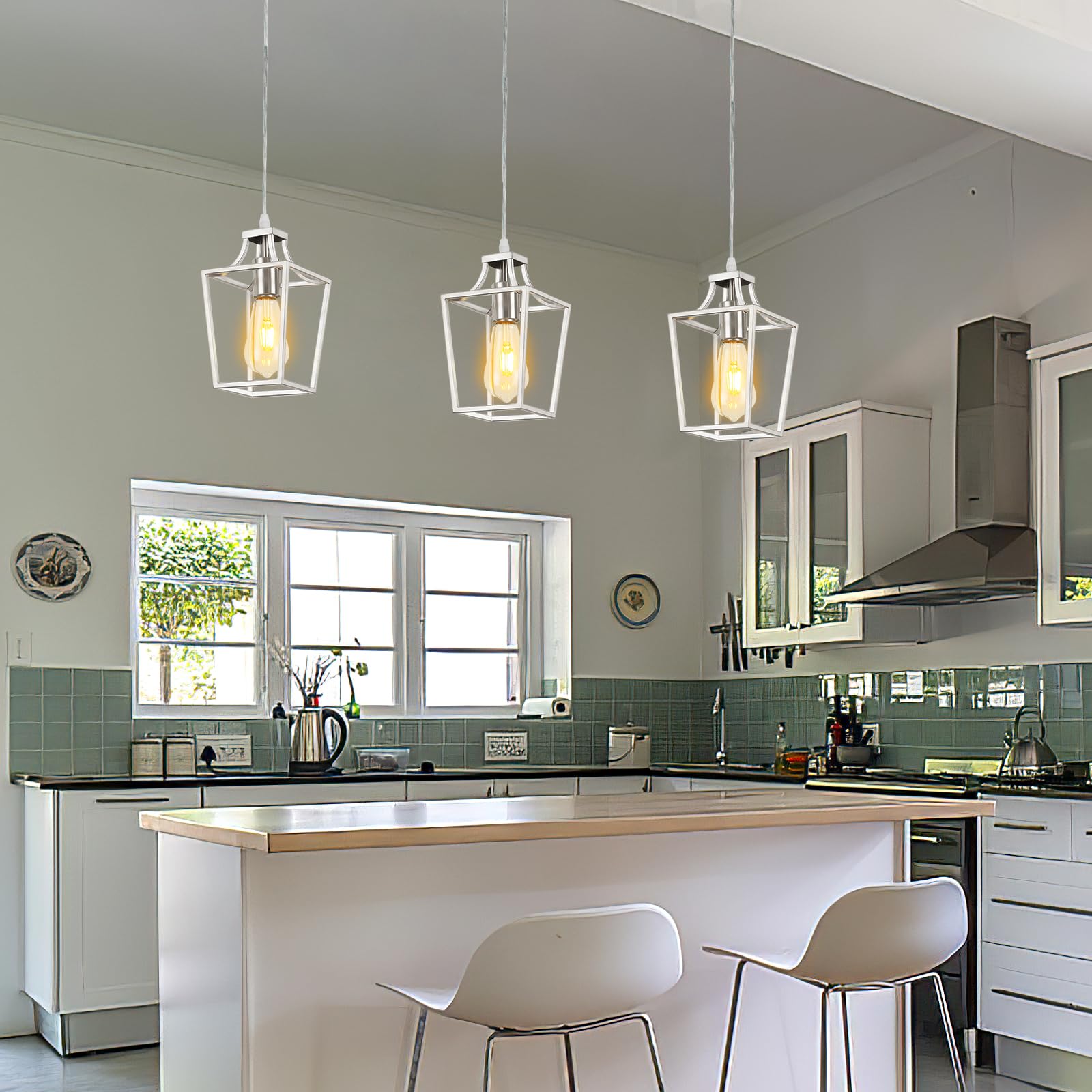 Farmhouse Kitchen Island Lighting Black Pendant Light Fixtures 4-Light Dining Room Lights Wood Chandelier Adjustable Hanging Pendant Lighting for Kitchen Island