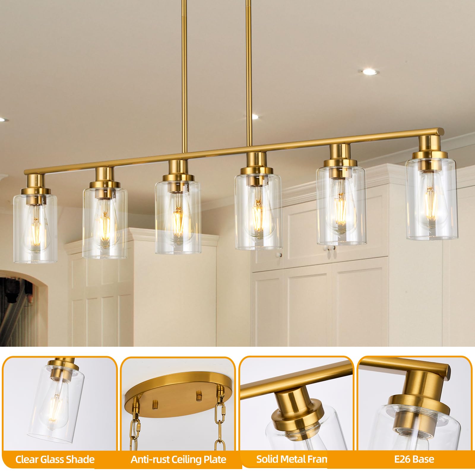 Kitchen Island Lighting, 4-Light Dining Room Light Fixtures Over Table, Gold Linear Chandelier for Dining Room Hanging,Pendant Lights Kitchen Island,with Clear Glass Shade,Height Adjustable