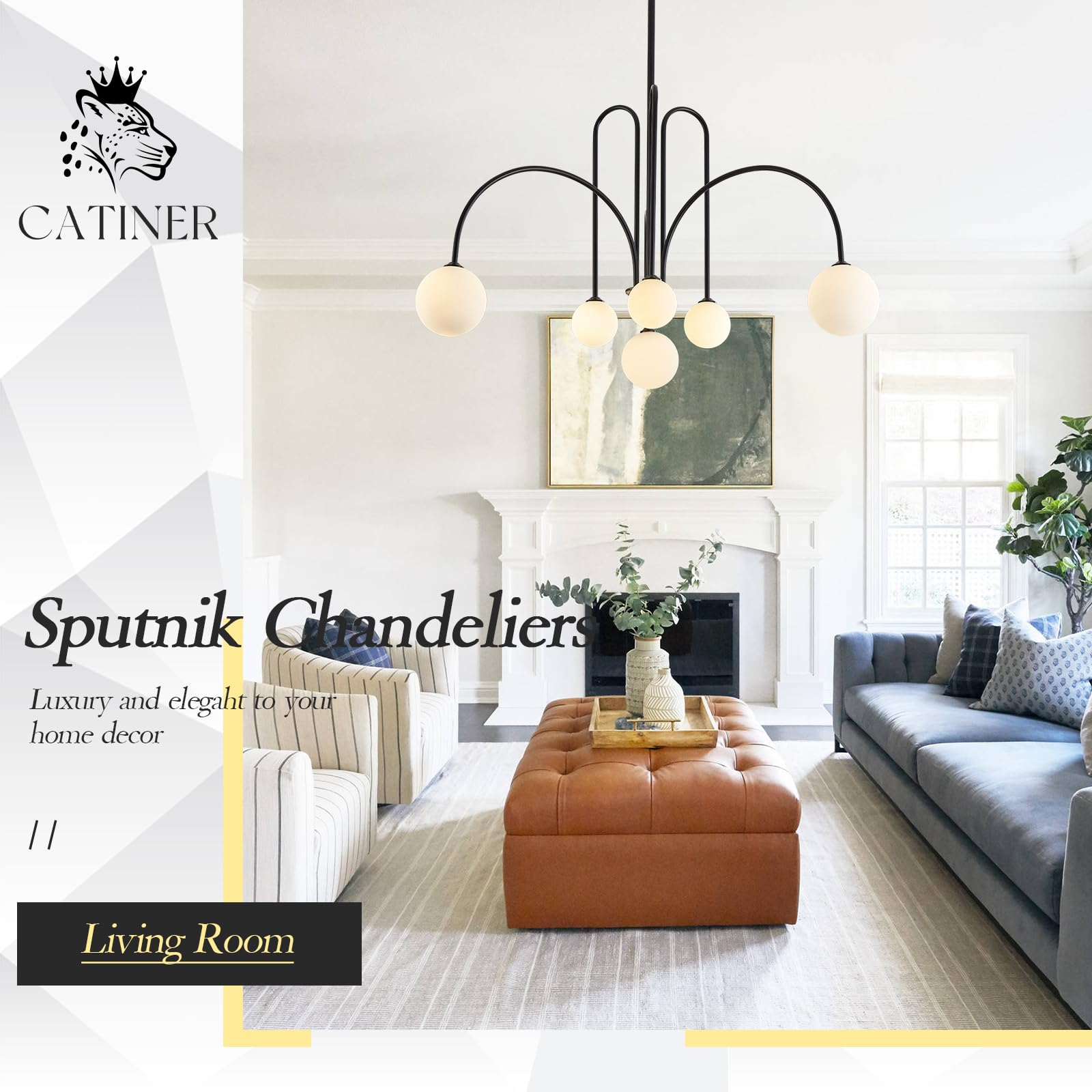 Gold Sputnik Chandeliers for Dining Room,Mid Century Crystal Glass Chandeliers 6 Lights Modern Ceiling Pendant Light Fixtures Iceberg Shape for Living Room Kitchen Island Bedroom