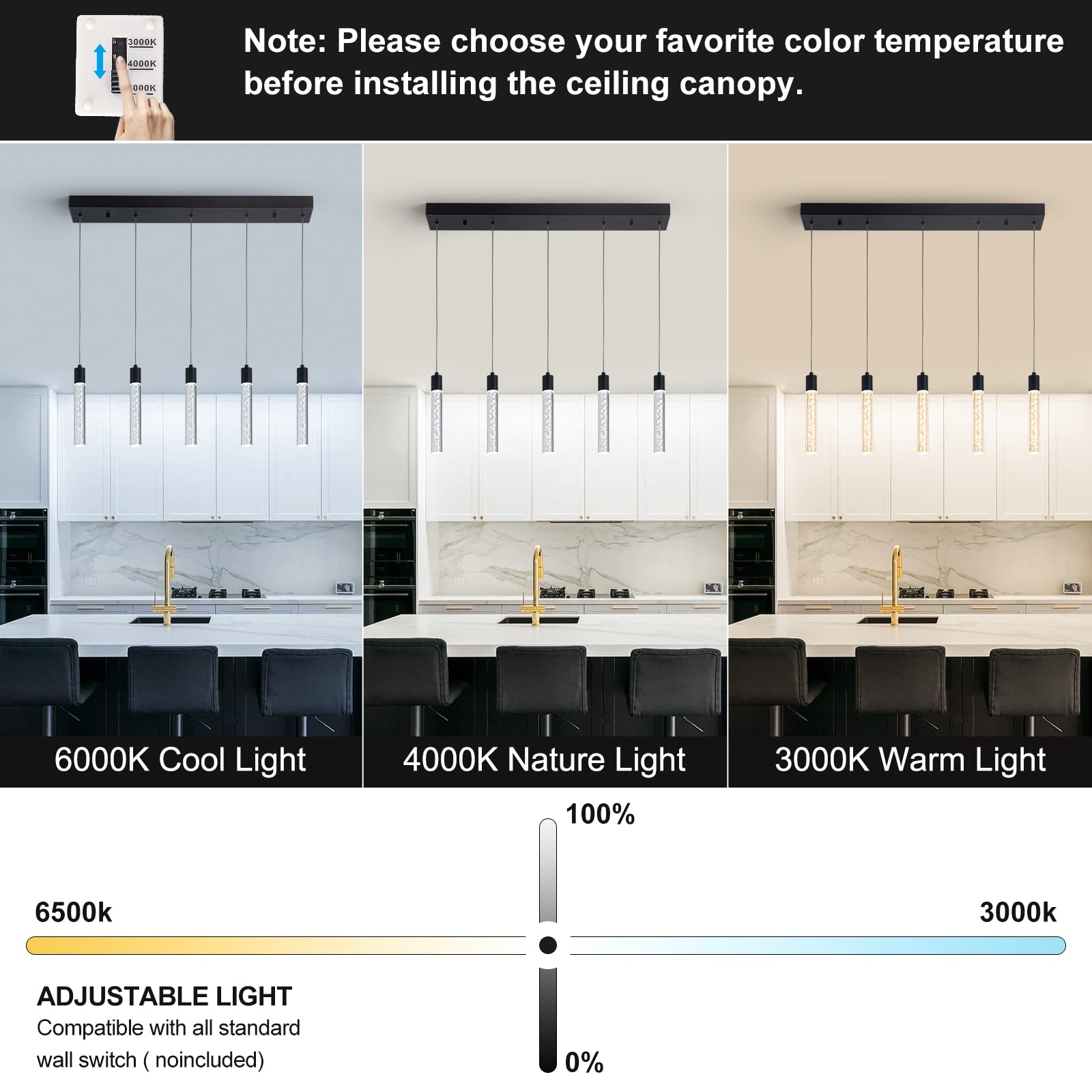 Modern Pendant Lighting 5-Light Linear Chandeliers Dimmable LED Pendant Lights Kitchen Island Lighting with Matte Black Finish and Acrylic Shades for Kitchen Island and Dining Room…