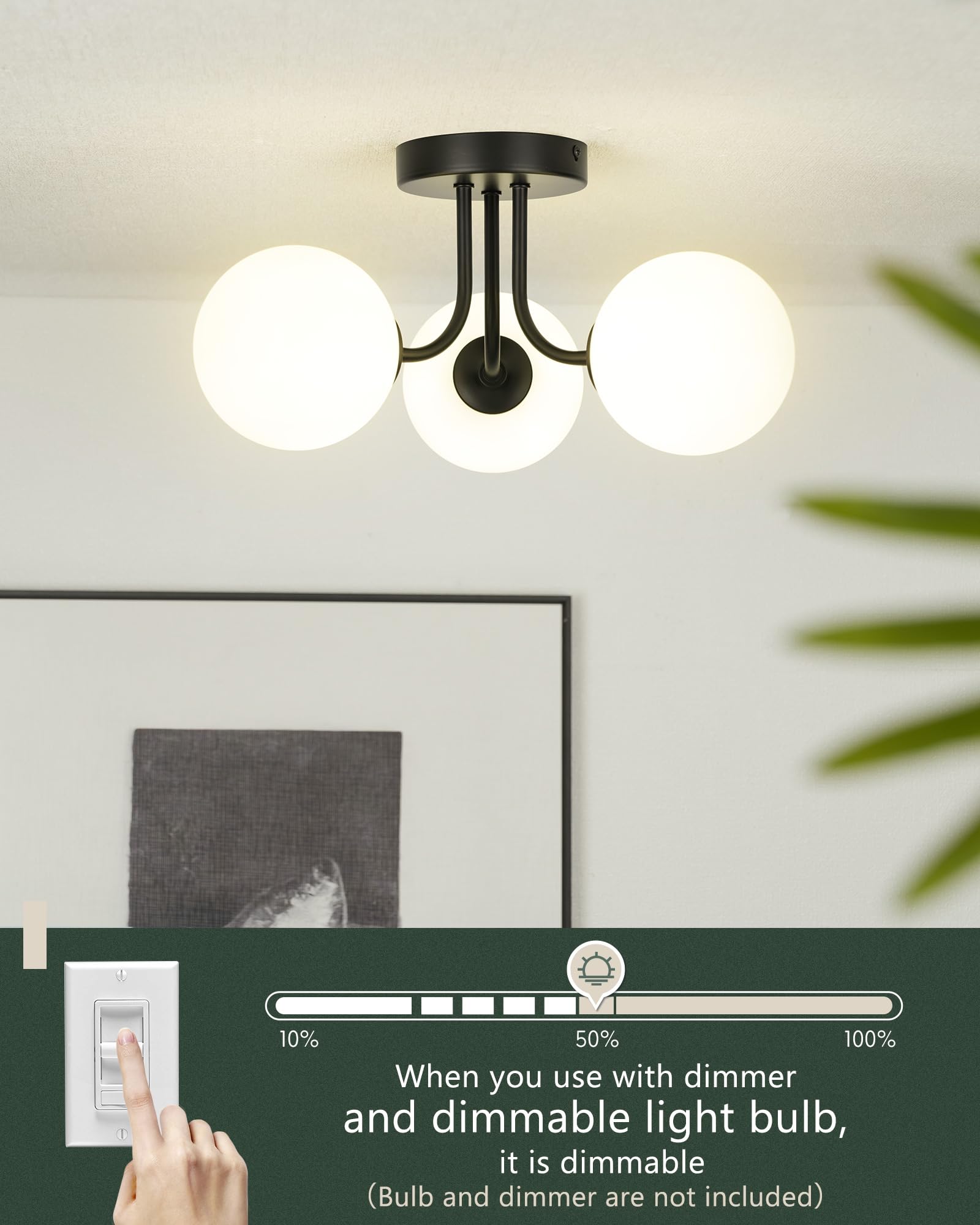 3-Light Black Ceiling Light Fixture, Industrial Semi Flush Mount Ceiling Light, Ceiling Light with Globe Frosted Glass for Kitchen Bedroom Hallway, CL4845-3W-BK