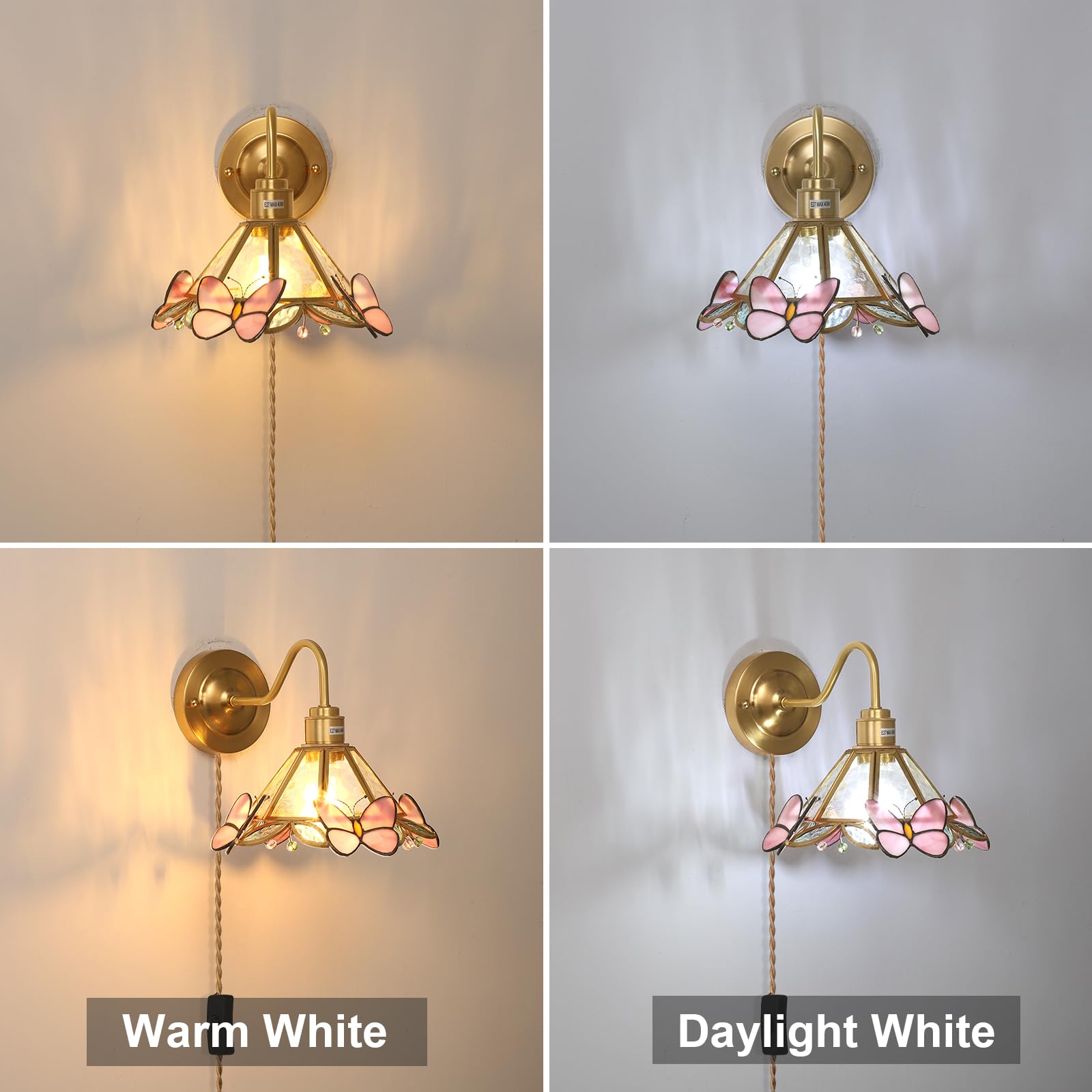 Wall Sconce, Wall Mounted Lamps with Green Checker Sconce, Stained Glass Shade Brass Wall Lights Fixture with Plug in Cord and Switch for Bedroom Bathroom Living Room Hallway