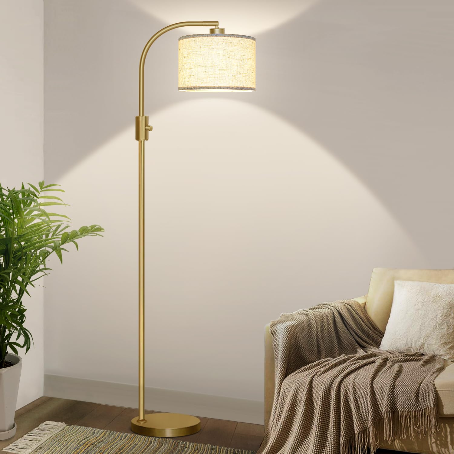 Dimmable Floor Lamp, 1200 Lumens LED Bulb Included, Gold Arc Floor Lamps for Living Room Modern Standing Lamp with Linen Shade, Tall Lamp for Living Room Bedroom Office Reading Room Nursery