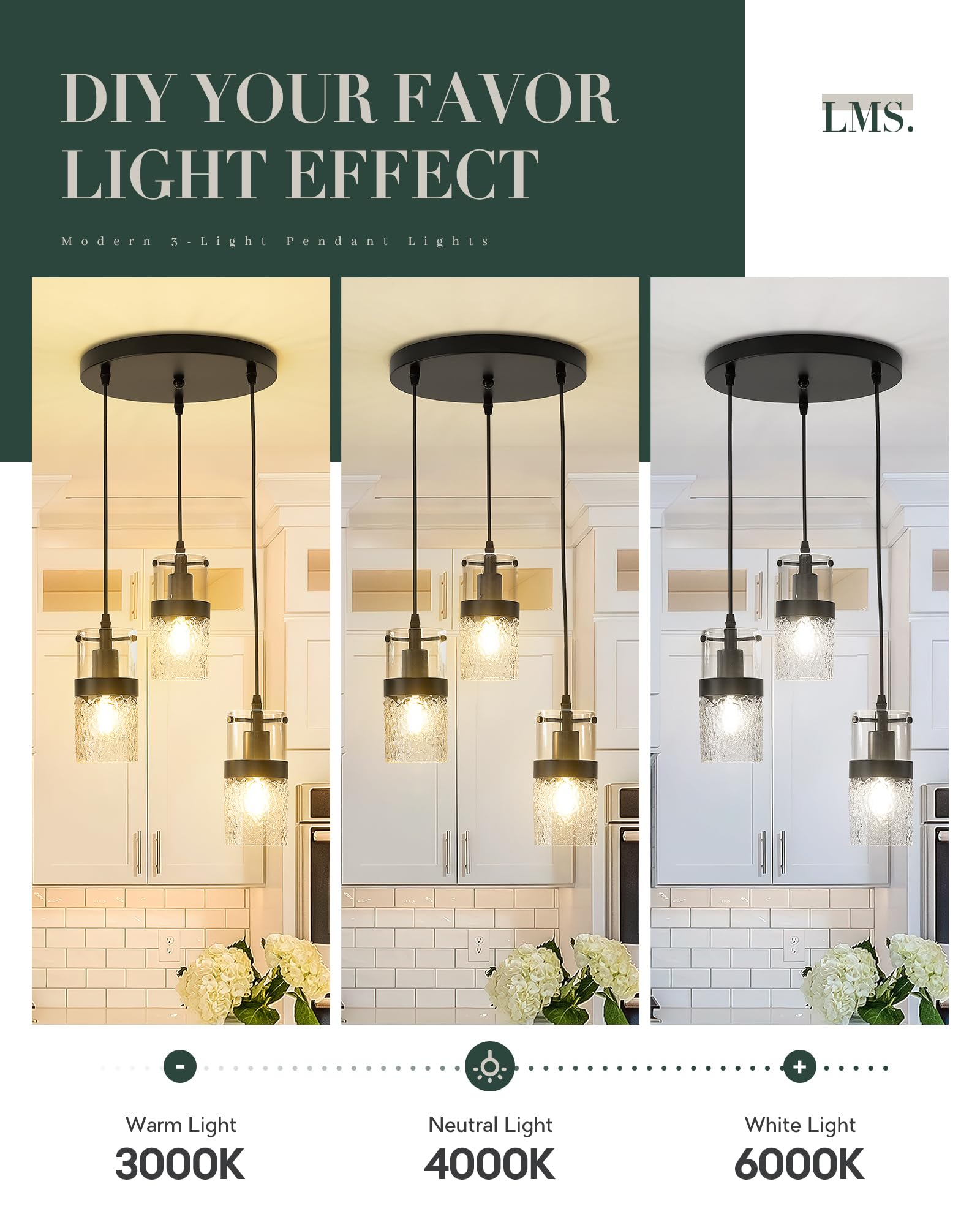 LMS 4-Light Island Lights, Farmhouse Light Fixtures with Hammered Glass Shade, Matte Black Linear Chandelier Pendant Lighting Over Table for Adjustable Height, Kitchen Island, LMS-171BK-4