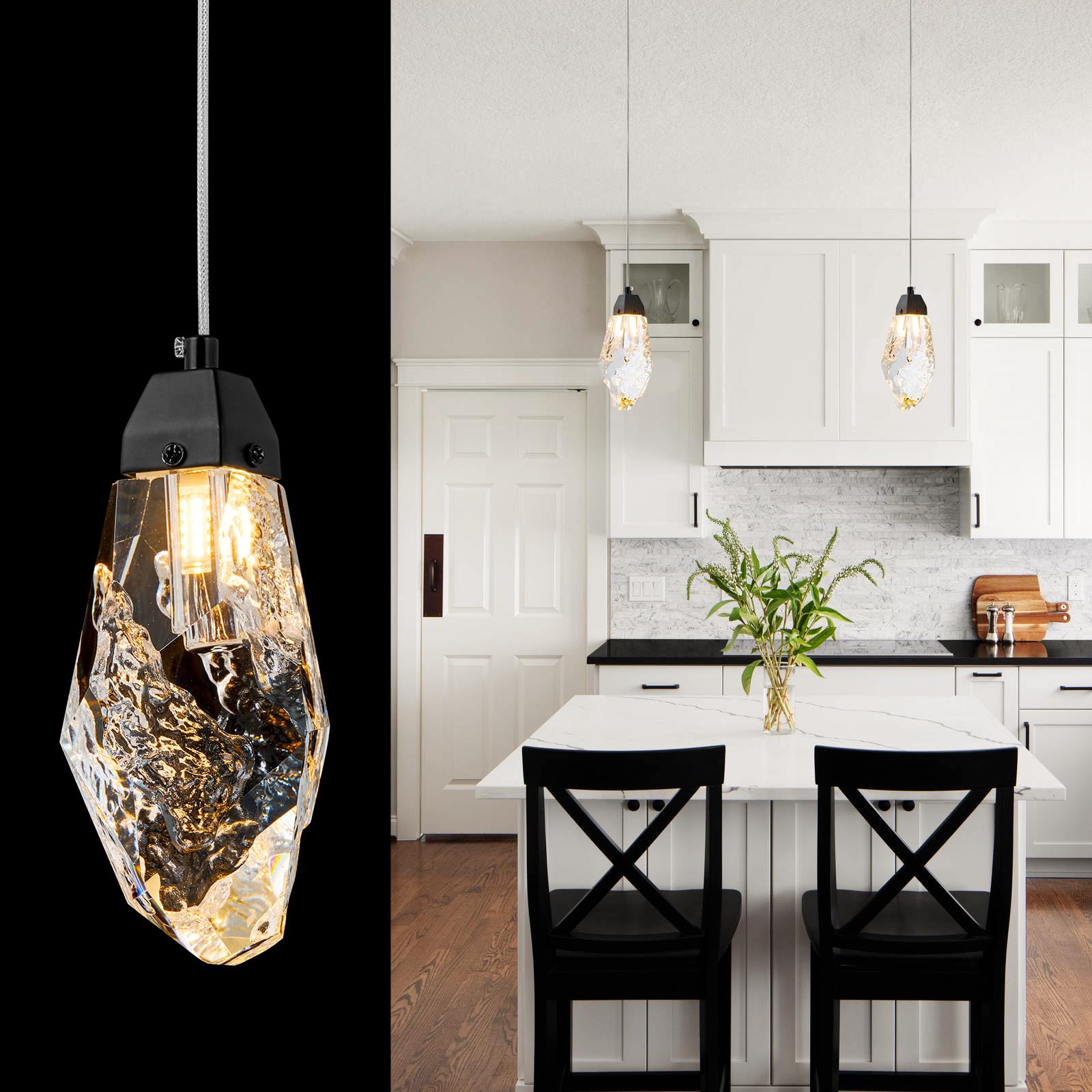 3 Lights Crystal Pendant Light Modern Cluster Chandelier - Dimmable LED Pendant Light Fixture with Brass Teardrop Design - Stylish Lighting for Kitchen Island, Dining Room, Hallway, Bathroom