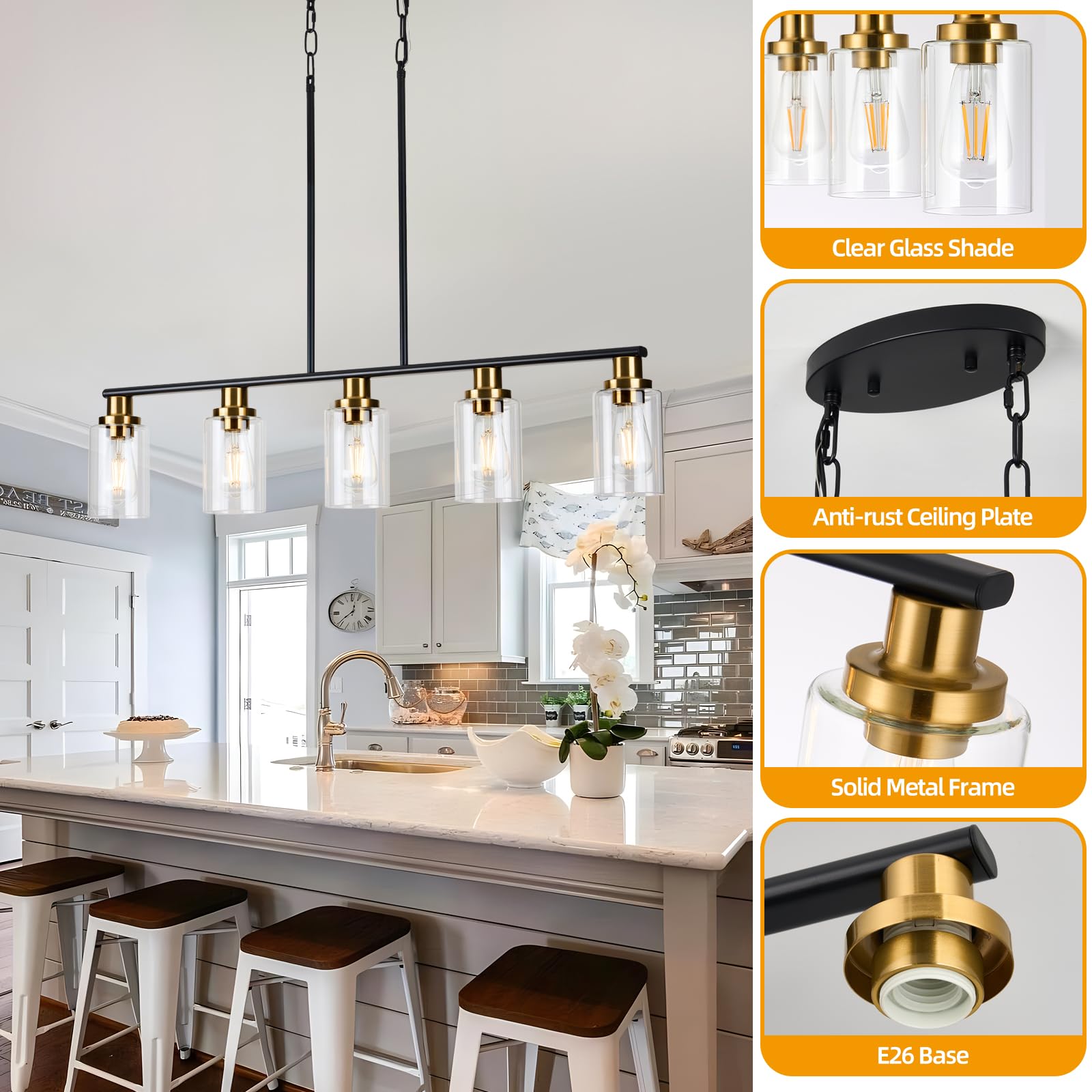 Kitchen Island Lighting, 4-Light Dining Room Light Fixtures Over Table, Gold Linear Chandelier for Dining Room Hanging,Pendant Lights Kitchen Island,with Clear Glass Shade,Height Adjustable