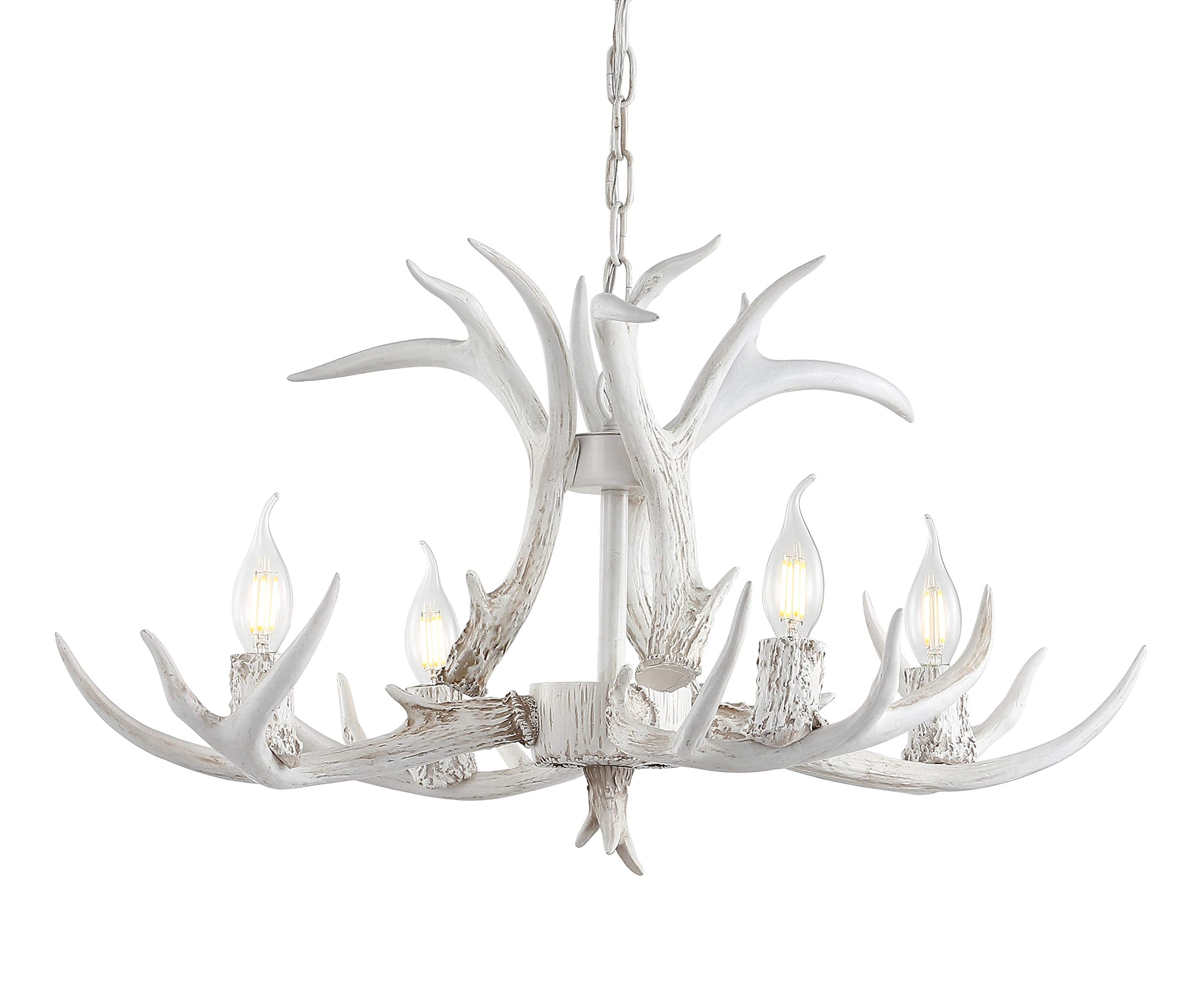 30" Adjustable Resin Antler 5-Light LED Chandelier, Glam, Rustic,Cottage,Transitional, Dimmable Dining Room, Living Room, Kitchen, Foyer, Bedroom, White