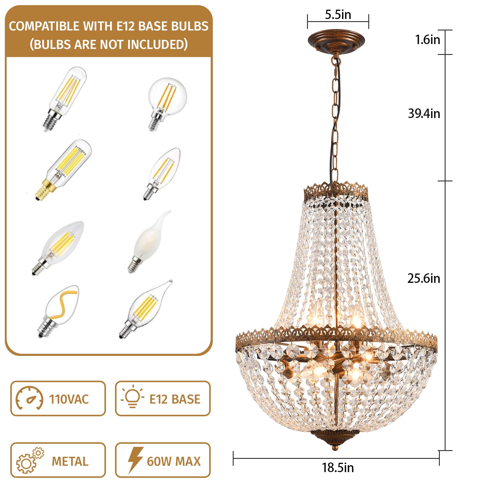 4 Lights French Empire Mini Crystal Chandelier Farmhouse Pendant Lighting, Bronze Finish Ceiling Light Fixture for Dining Room Bedroom Foyer Living Room, W12.6 x H19.7