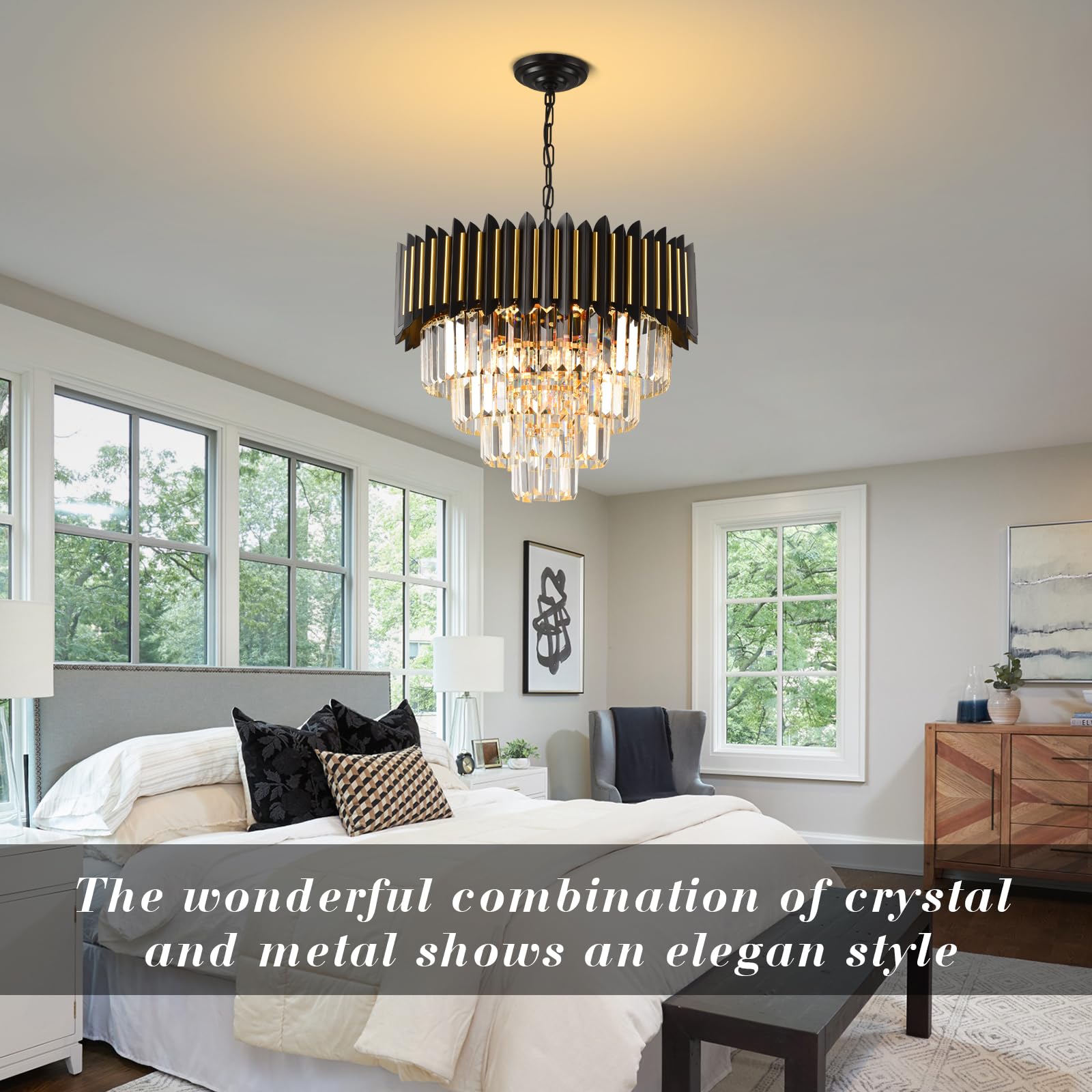 Modern Crystal Chandeliers 3 Tiers Black and Gold Chandelier Pendant Light Fixtures Round Flush Mount Chandeliers Ceiling Lighting for Living Room Dining Room Foyer Bedroom Entryway Kitchen W16in