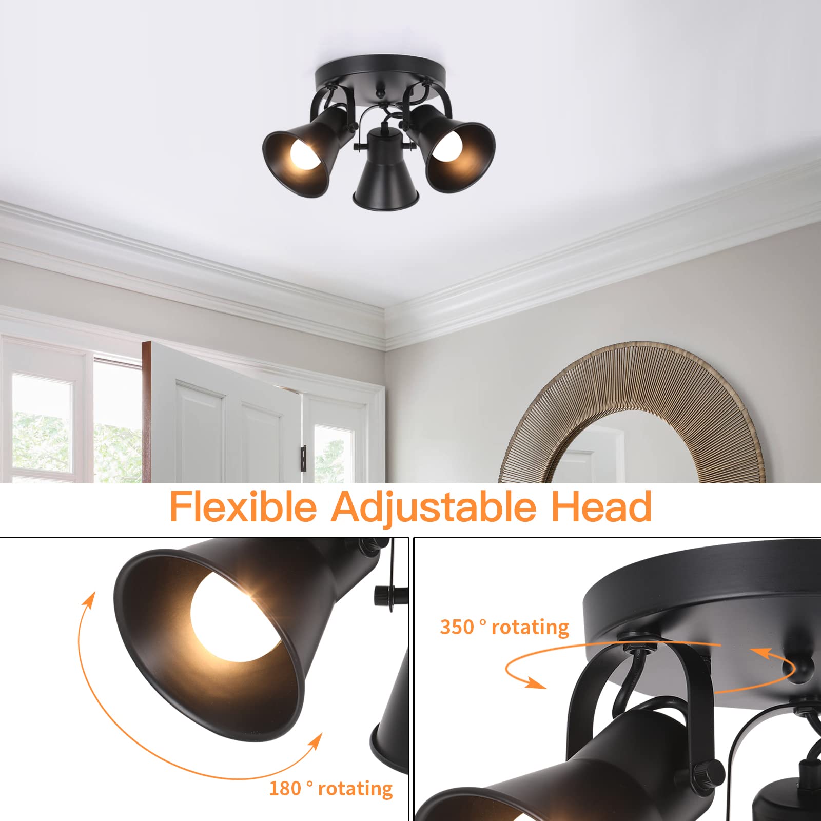 4-Light Track Lighting Kit, Directional Ceiling Light, Industrial Black Kitchen Track Lighting Fixtures Ceiling for Kitchen, Living Room, Dining Room, Hallway.