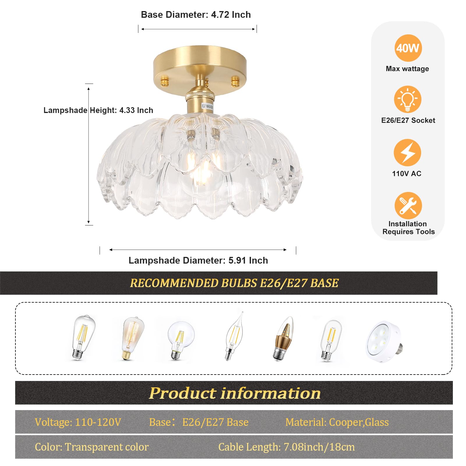 Semi Flush Mount Ceiling Light, Gold Hallway Vintage Lights Fixture Ceiling with Amber Peony Glass, Bulb Included, 4.72" Base Modern Ceiling Light Fixtures for Kitchen Bedroom