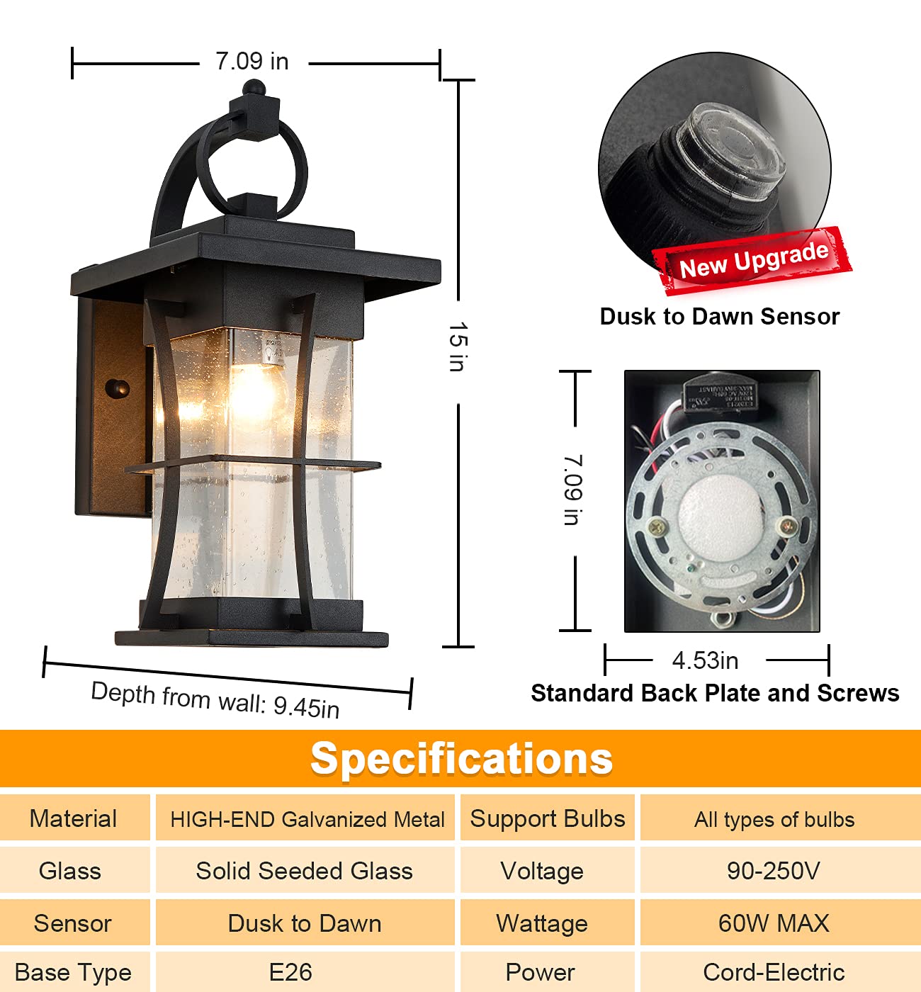 Oil Rubbed Bronze Outdoor Light Sconces Wall Mount Matte Brown Outdoor Wall Lamp Large Exterior Porch Wall Lantern with Seeded Glass 15" Outside Lights for House, Front Door, Patio, Backyard