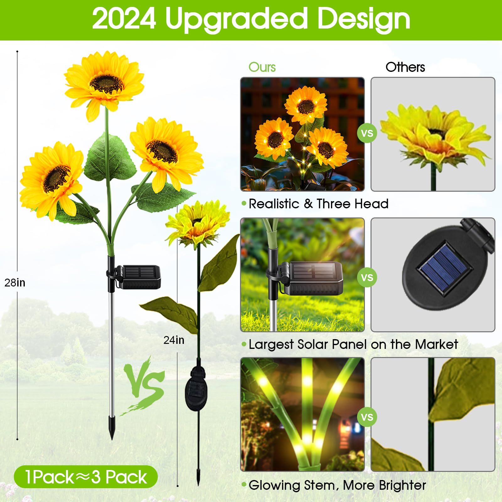 Solar Lights Outdoor Garden Decor - Upgraded 3 Pack Solar Garden Lights with 9 Sunflower Lights, Waterproof Solar Outdoor Lights Auto ON/Off Solar Decorative Lights for Garden, Patio, Yard