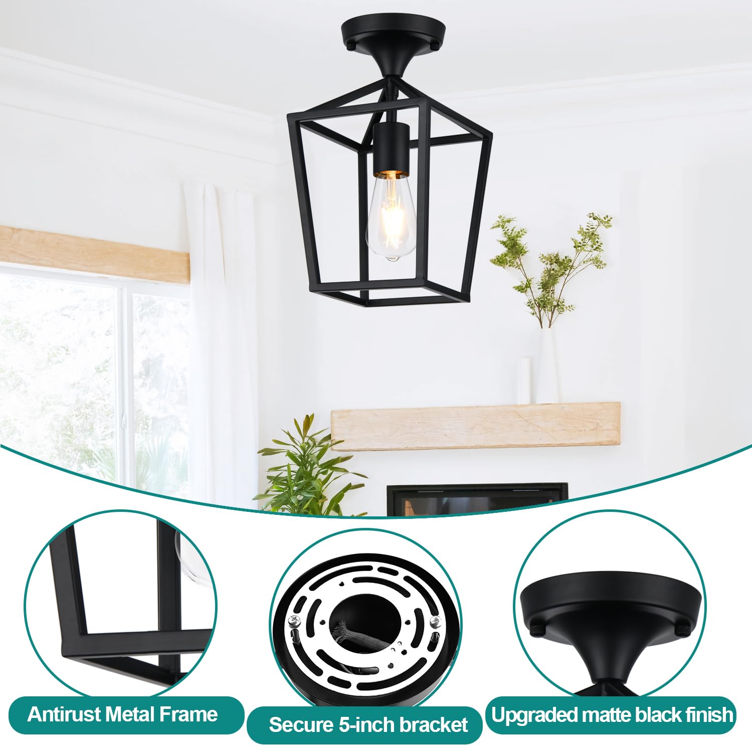 Semi Flush Mount Ceiling Light, Black Industrial Ceiling Light Fixtures, Farmhouse Light Fixture for Entryway Porch Hallway Stairway Garage Living Room Dining Room Balcony