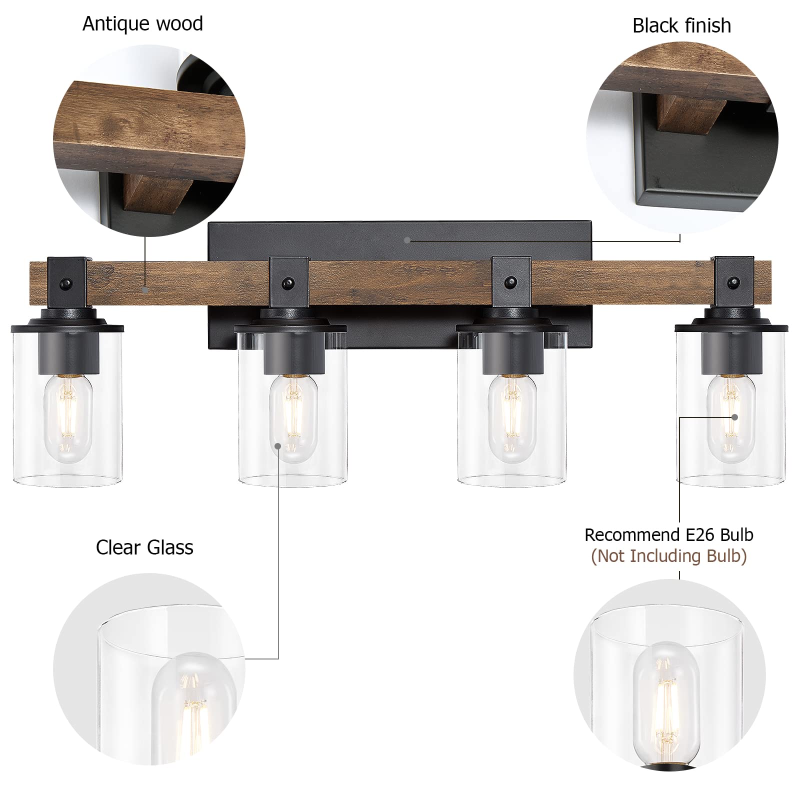 Wood Vanity Lights,3-Light Farmhouse Bathroom Lighting Fixtures with Clear Glass Shade,Industrial Vintage Rustic Wall Lamp for Bedroom,Living Room,Hallway (3-Light, Antique Wood)