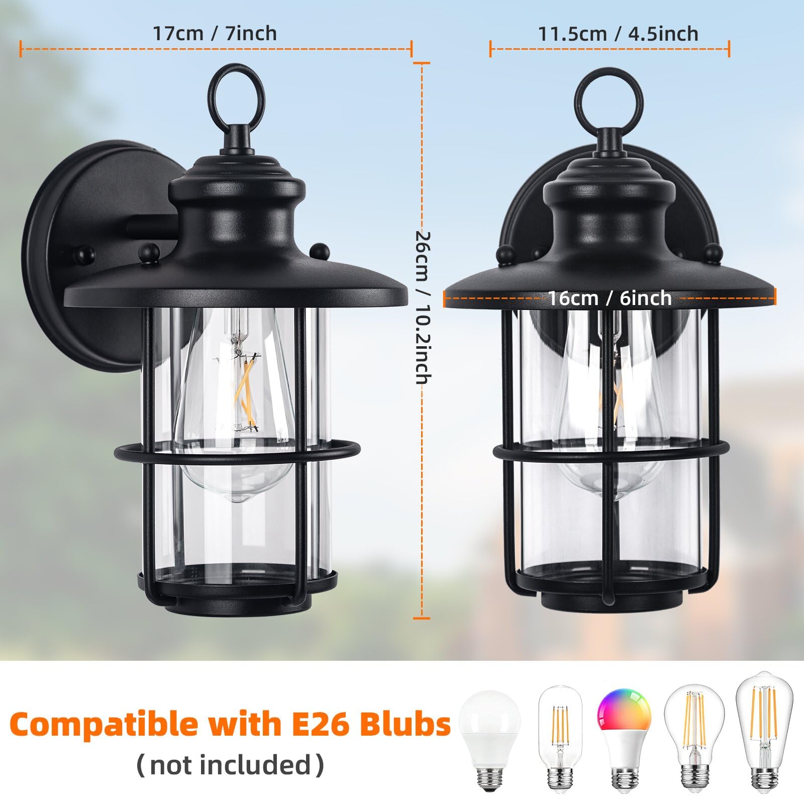 Outdoor Light Fixture 2 Packs, Exterior Waterproof Wall Sconce Light Fixtures, Outdoor Wall Lighting with Clear Glass Shade, Anti-Rust Porch Lights for Outdoor with E26 Base