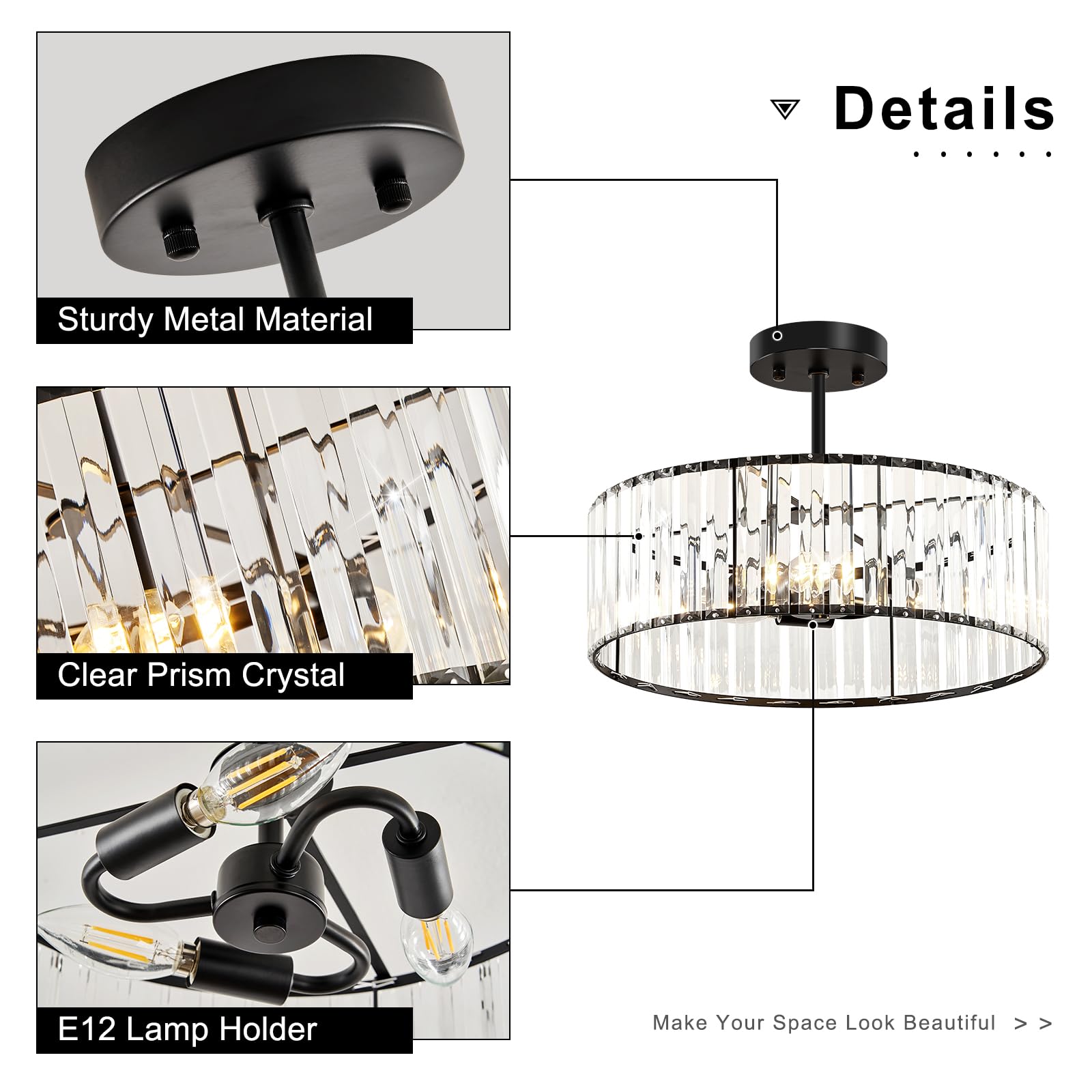 Modern Gold Semi Flush Mount Ceiling Light Crystal Hallway Light Fixture Metal Close to Ceiling Lamp for Kitchen Living Room Bathroom Entryway Bedroom