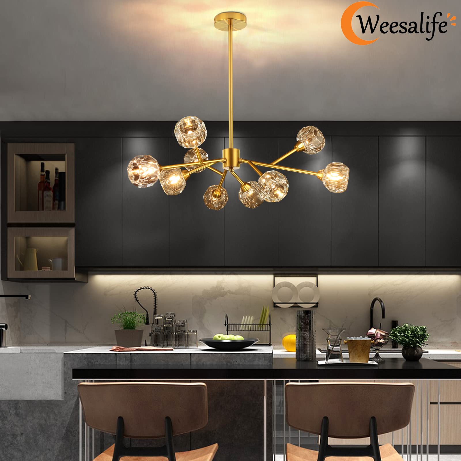 Sputnik Chandeliers for Dining Room Light Fixture, Modern Crystal Chandeliers, 9 Lights Gold Chandelier for Living Room Bedroom, Dining Room Chandelier Over Table, Kitchen Light Fixtures