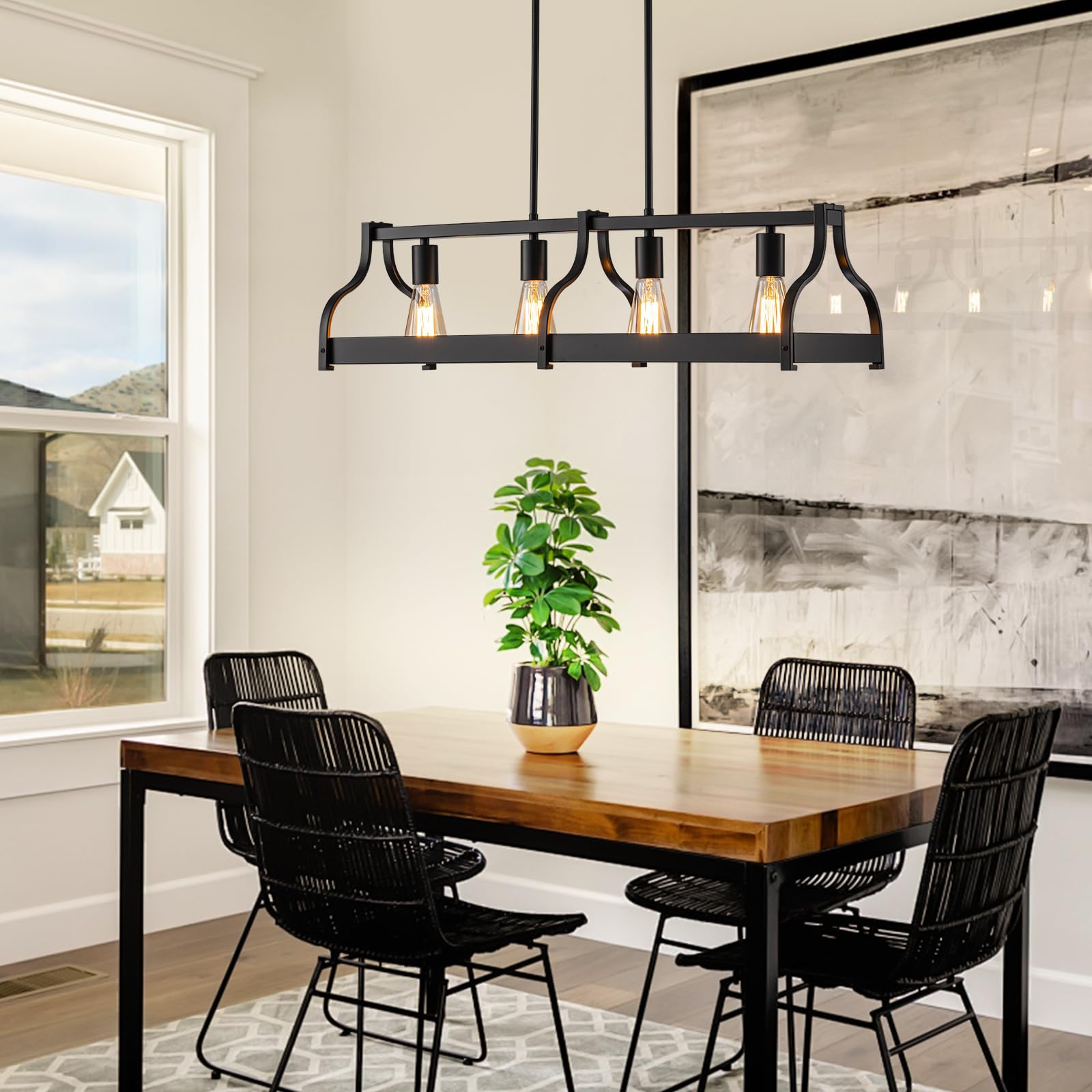 Farmhouse Kitchen Island and Dining Room Chandelier,Rustic 4-Light Linear Pendant Light Fixture with Adjustable Height and High Brightness,Black Industrial Hanging Light