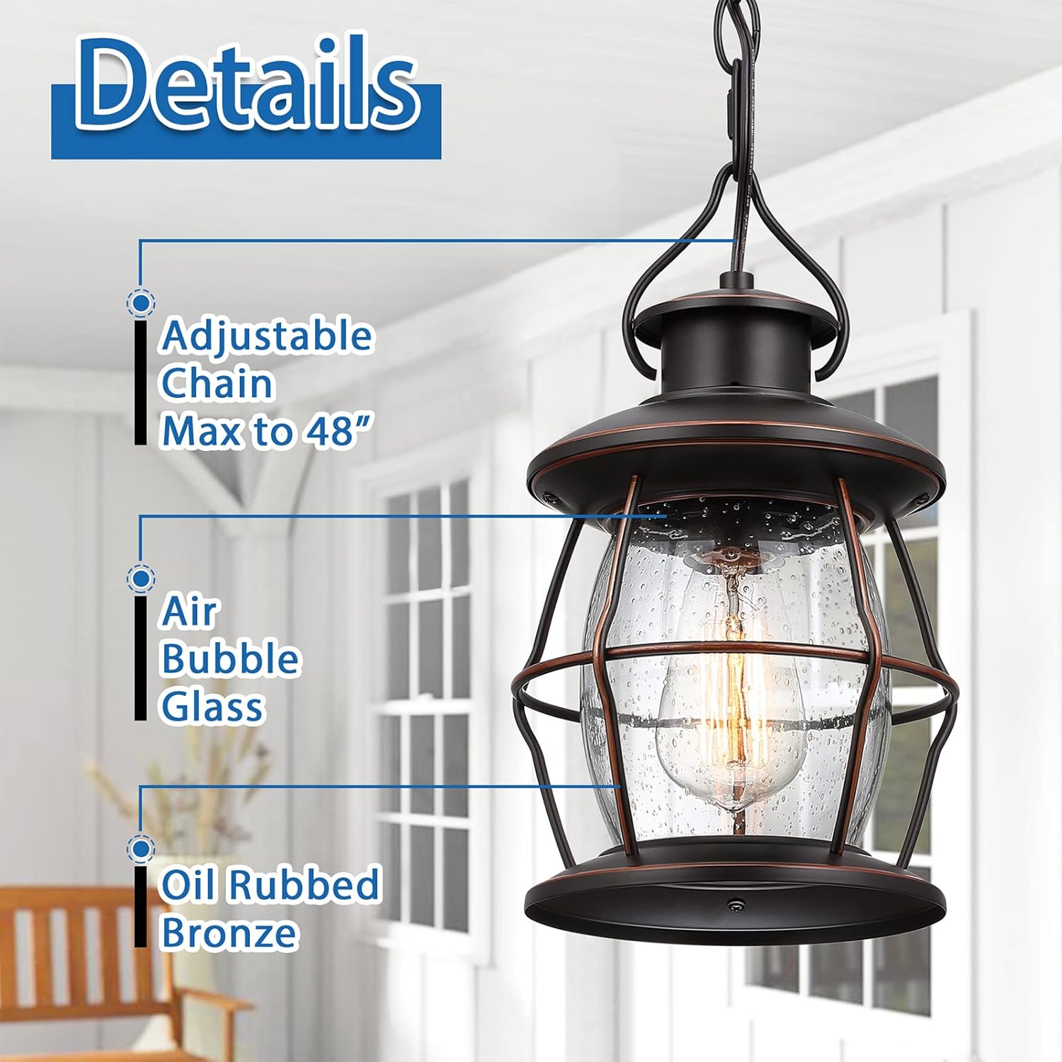 Outdoor Pendant Light, Farmhouse Exterior Hanging Light Fixture with Adjustable Chain,Oil Rubbed Bronze Porch Light with Bubble Glass for Front Door Ceiling Entry Patio