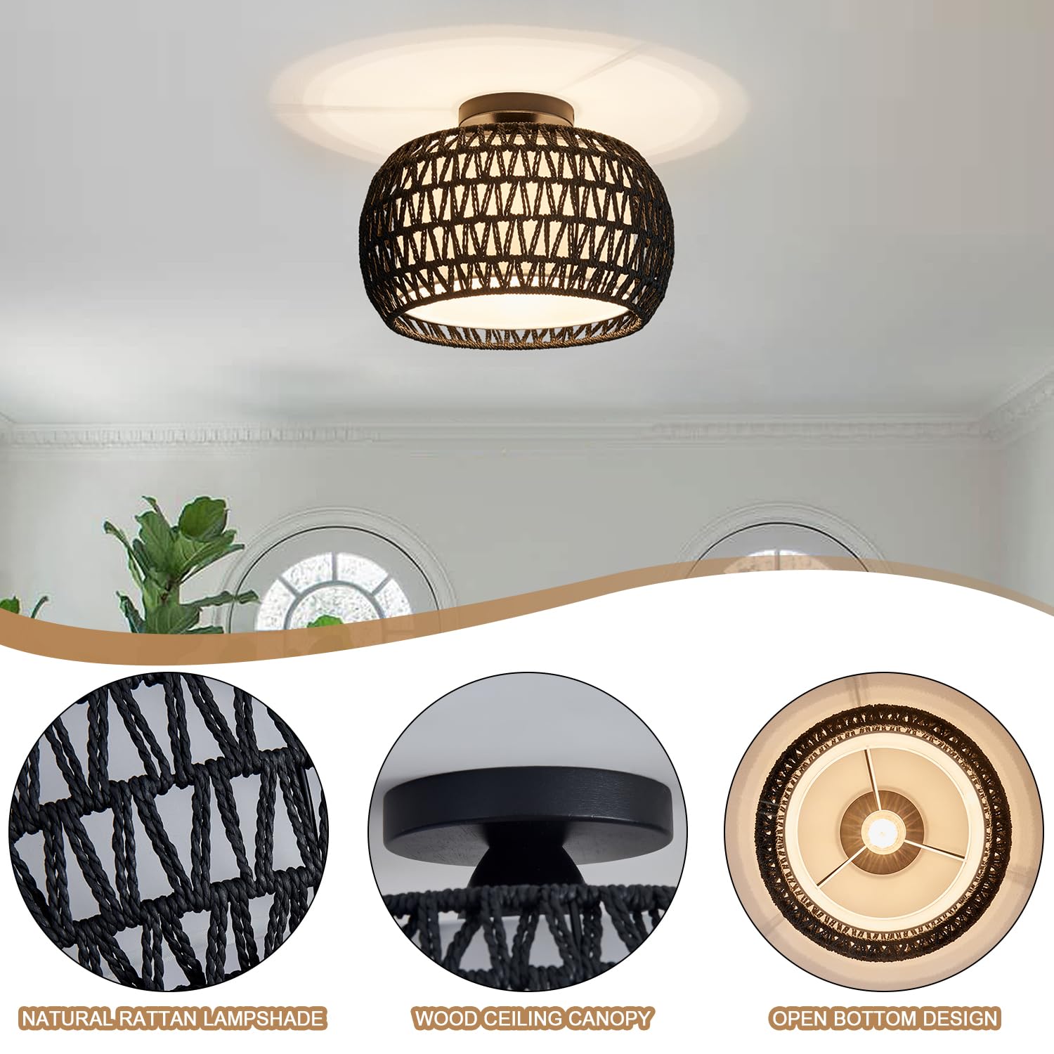 Rattan Ceiling Light Fixtures, Hand-woven Boho Flush Mount Ceiling Light, Handmade Rattan Light Fixtures Ceiling Mount with Fabric Shade, Farmhouse Light Fixture for Bedroom Hallway Entryway (White)