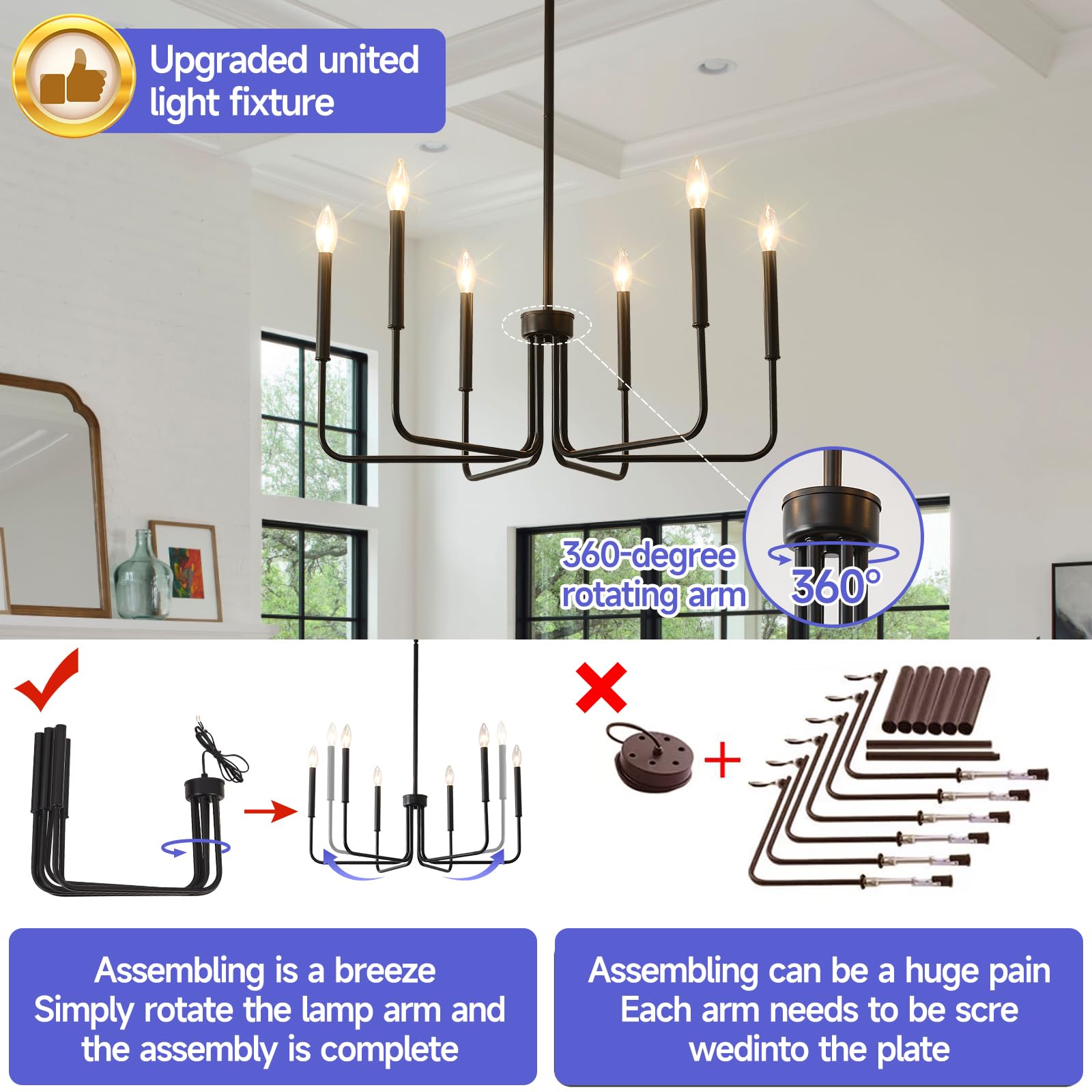 Gold Chandeliers, 6-Light Metal Candle Farmhouse Chandeliers, Rustic Industrial Modern Chandeliers Lighting Fixtures Hanging for Living Room, Kitchen, Bedroom, Dining Room(Bulbs are not Included)