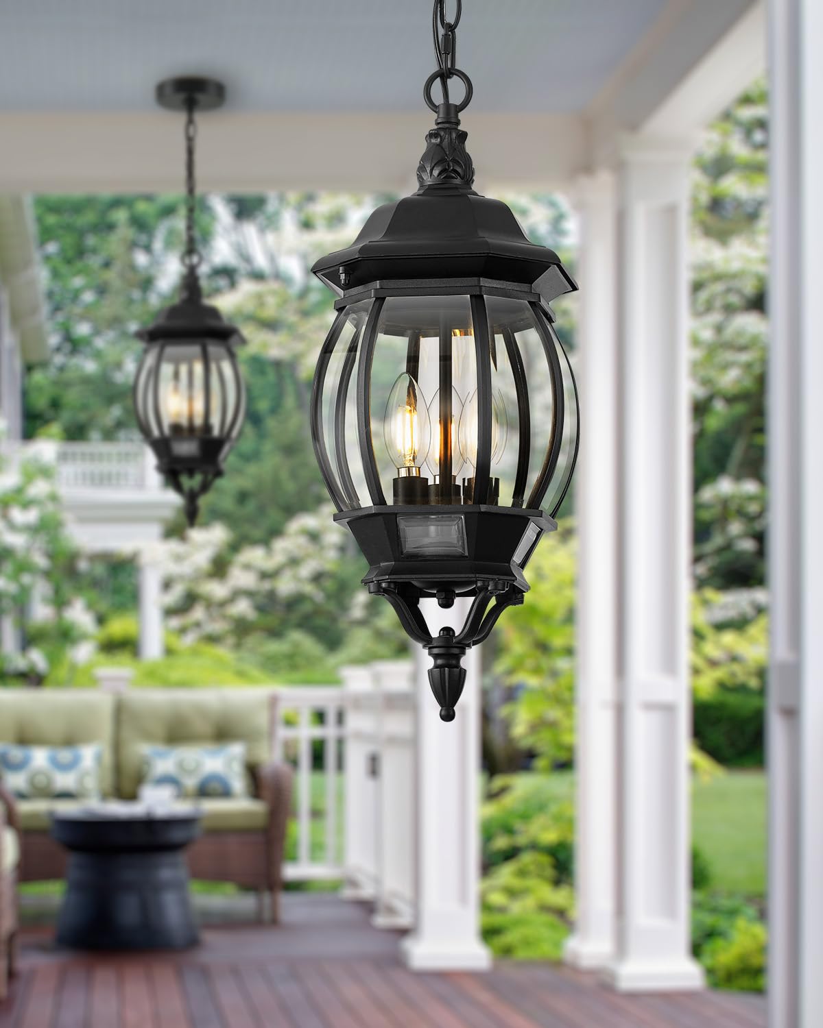 Black Outdoor Pendant Light, Aluminum Hanging Outdoor Lights with Waterproof, Outdoor Ceiling Lights for Porch Anti-Rust, Adjustable Outdoor Chandelier Lantern for House, Door