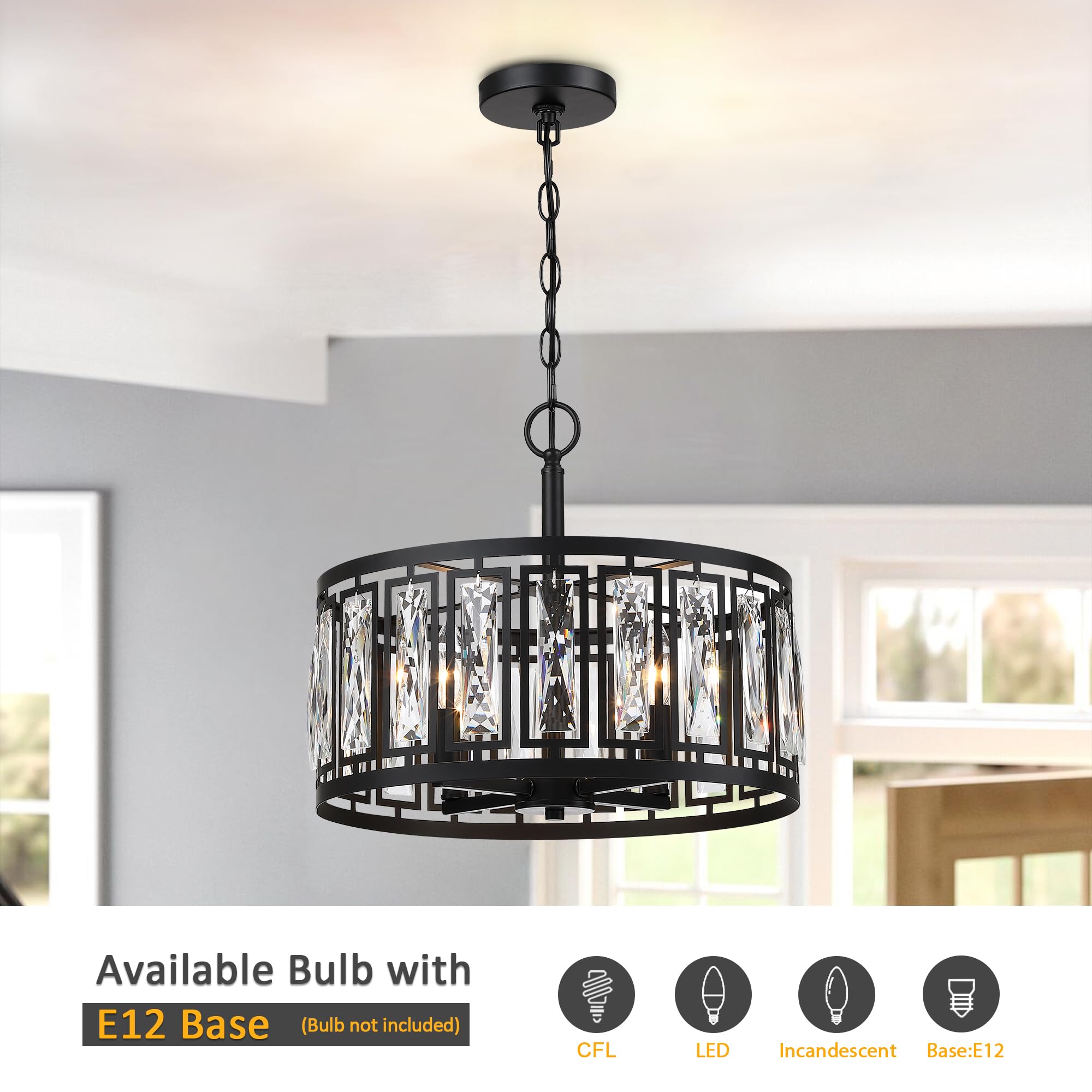 Crystal Pendant Lighting Fixture Matte Black Drum Shade Chandelier,2-Pack Pendant Lights for Kitchen Island Modern Ceiling Lights for Living Room