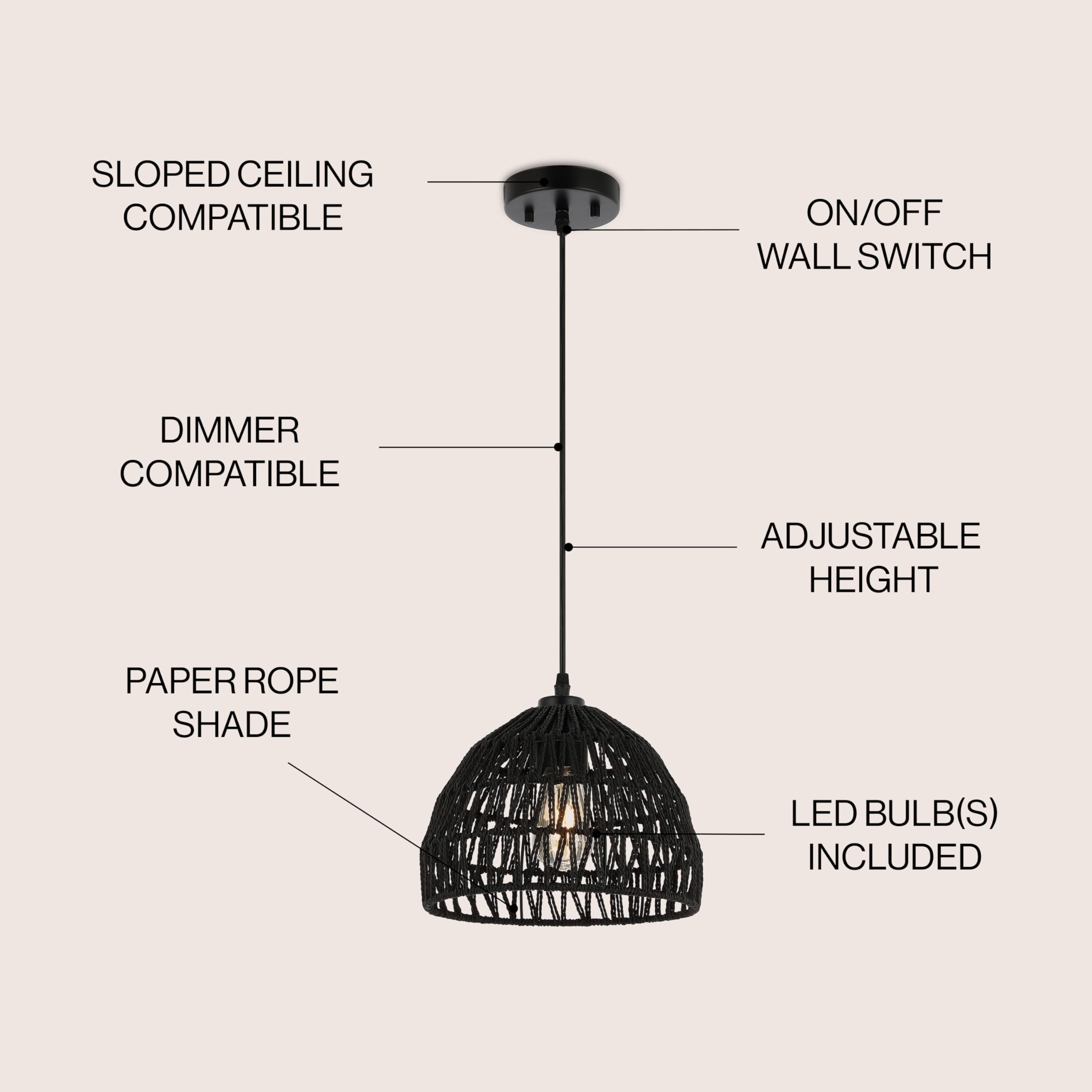 20" 1-Light Bohemian Modern Woven Rattan/Iron LED Pendant Farmhouse Coastal Adjustable Dining Room Living Room Kitchen Island Foyer Bedroom Hallway, Black