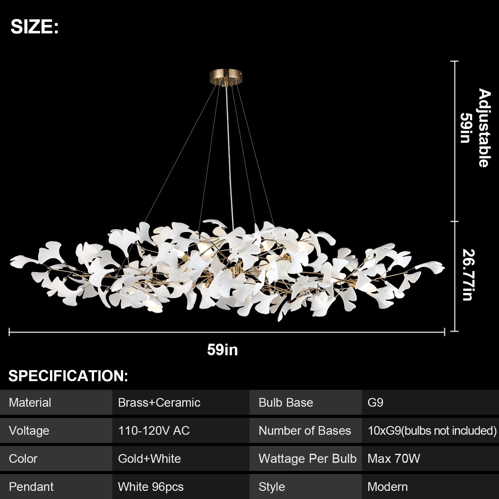 59 Inch White Rectangle Chandelier Ceramic Ginkgo Leaf Chandeliers Brass Large Chandeliers Modern Art Deco Chandelier for Dining Room Living Room,10-Light