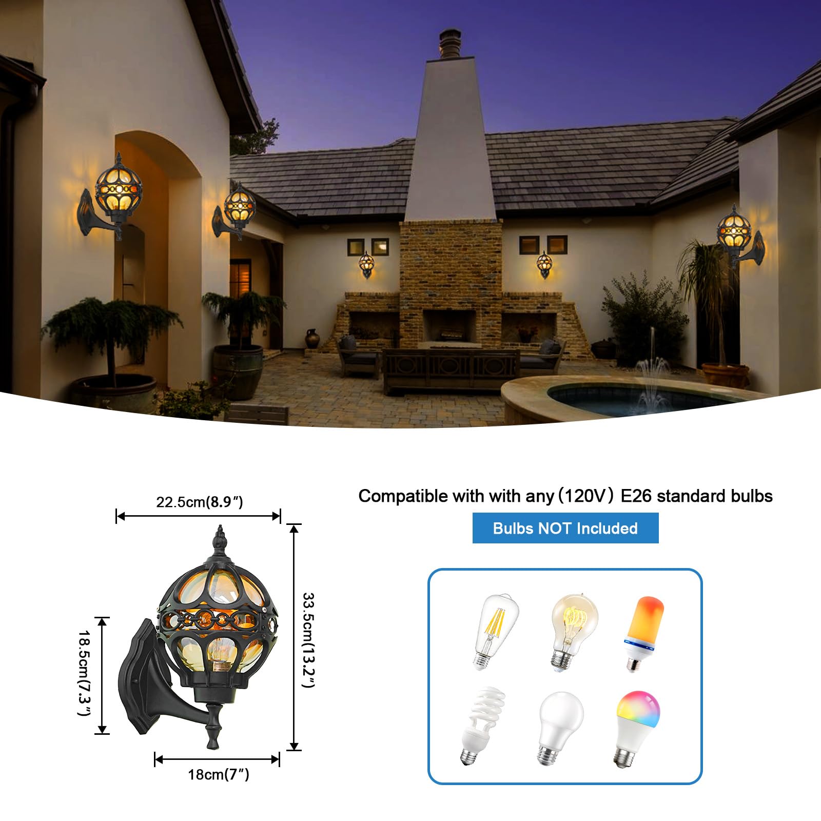 Gold Globe Outdoor Wall Light Fixtures for Garage Porch Patio House Garden Hallway Front Door, Sphere Anti-Rust Exterior Wall Sconces Lanterns, Aluminum 2 Pack Wall Mount Soccer Ball Lamp