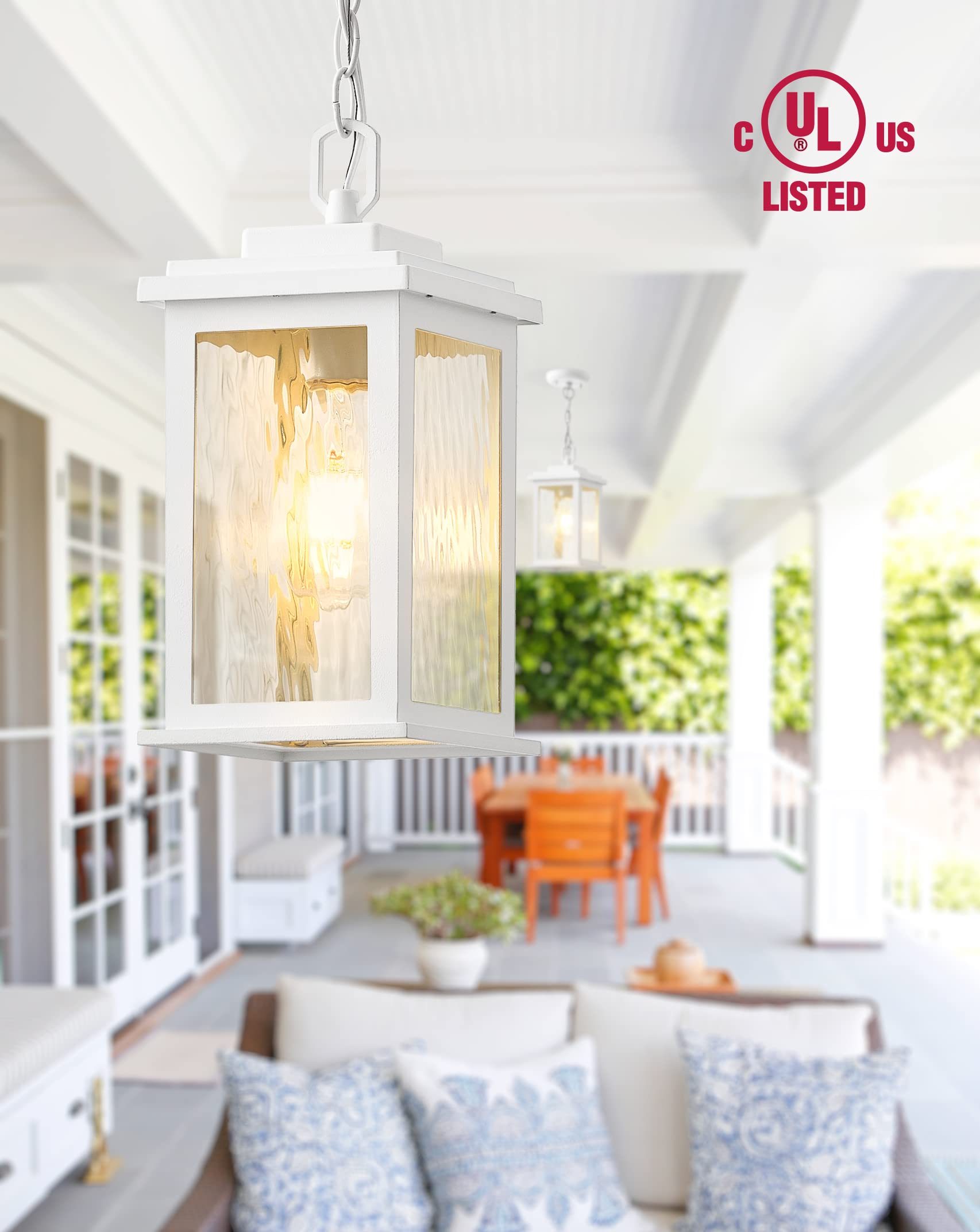 Outdoor Pendant Light Fixture, Farmhouse Exterior Hanging Lights with Adjustable Chain, Anti-Rust Aluminum Frame with Tempered Water Glass, Hanging Lantern for Front Door Ceiling Entry Porch