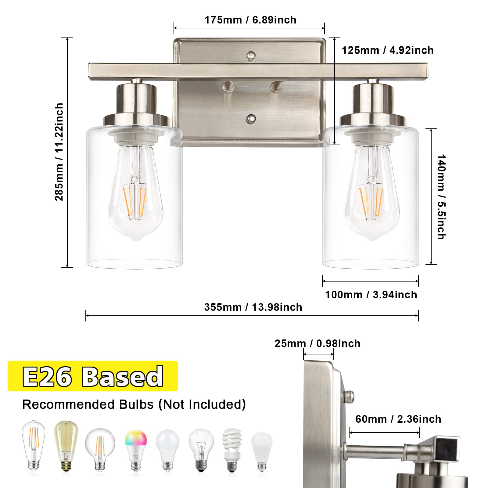 Ascher Bathroom Vanity Light Fixtures, 3 Light Wall Sconces Lighting with Clear Glass Shade, Brushed Nickel Wall Lights for Mirror, Kitchen, Living Room, Gallery, E26 Base (Bulbs Not Included)