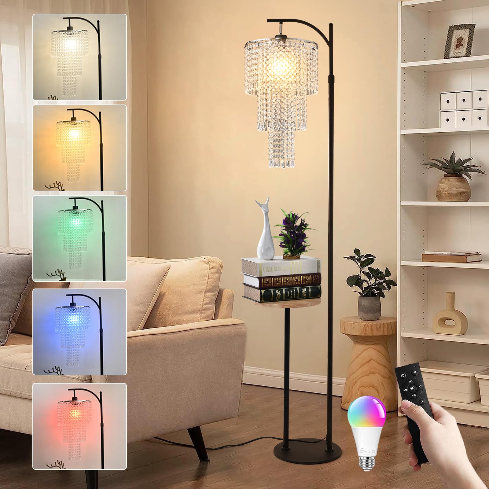 Arc Floor Lamps for Living Room Modern Crystal Floor Lamp with Remote Control,Dimmable LED Floor Lamp Crystal Lampshade Black Standing Lamp with 10 Color Temperature Tall Floor Lamp For Bedroom Corner