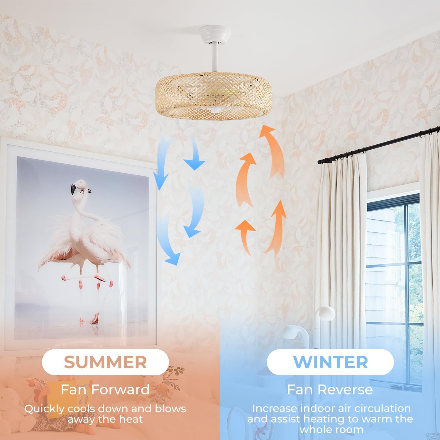 20 Inch Boho Ceiling Fan with Light, Coastal Caged Ceiling Fans with Lights and Remote Control, Wooden Beads with 6 Speeds for Dining Room, Living Room, Bedroom