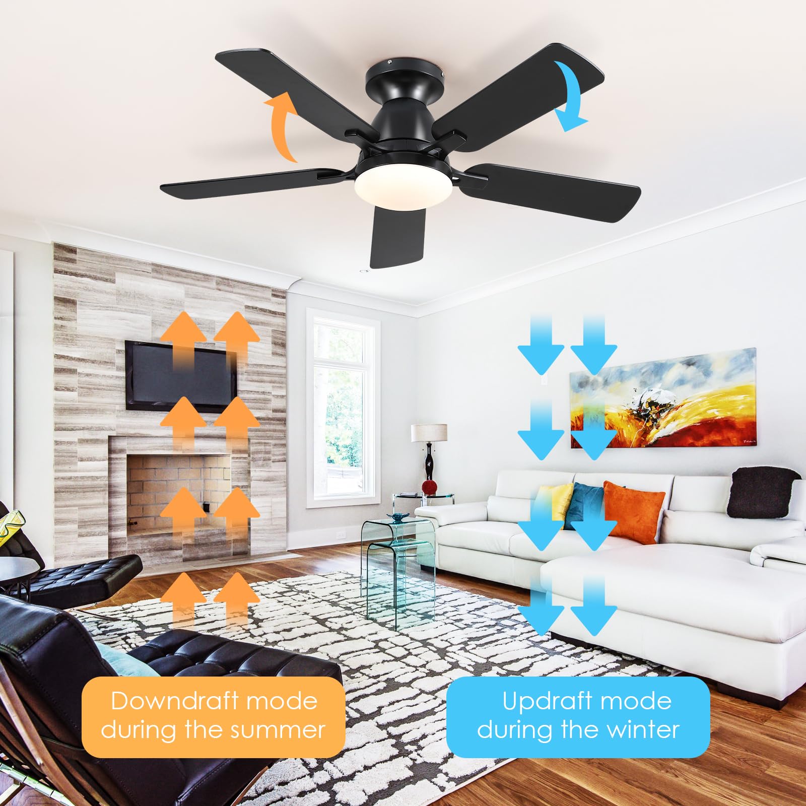 Ceiling Fans with Lights- 46"Low Profile Indoor Ceiling Fan with Light and Remote/APP Control, Flush Mount, LED Dimmable DC Reversible Modern Ceiling Fan for Bedroom（Black）