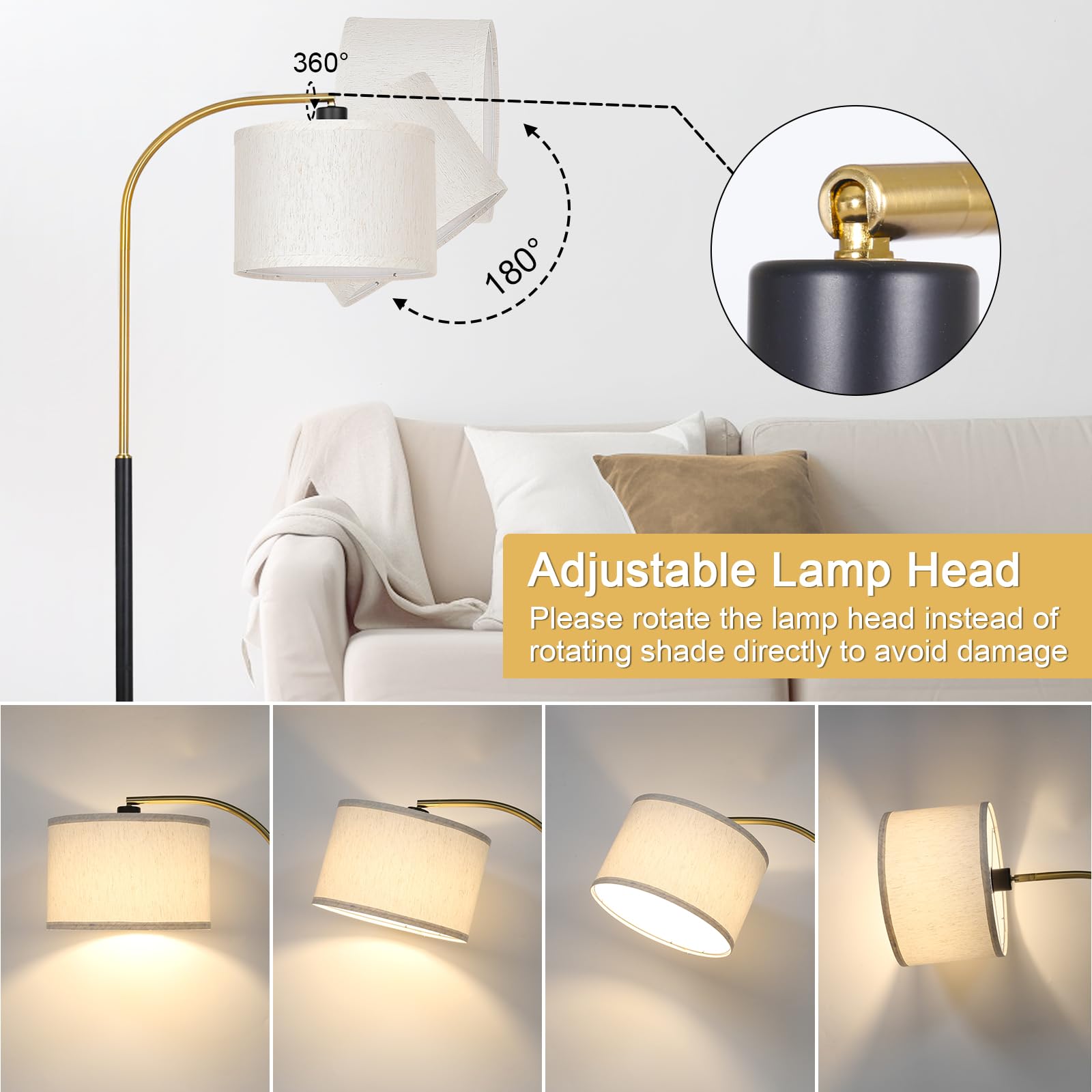 LED Floor Lamp Fully Dimmable Modern Standing Lamp Arc Floor Lamp with Adjustable Drum Shade, Gold Tall Pole Reading Lamp Corner Light for Living Room Bedroom Study Room, Bulb Included