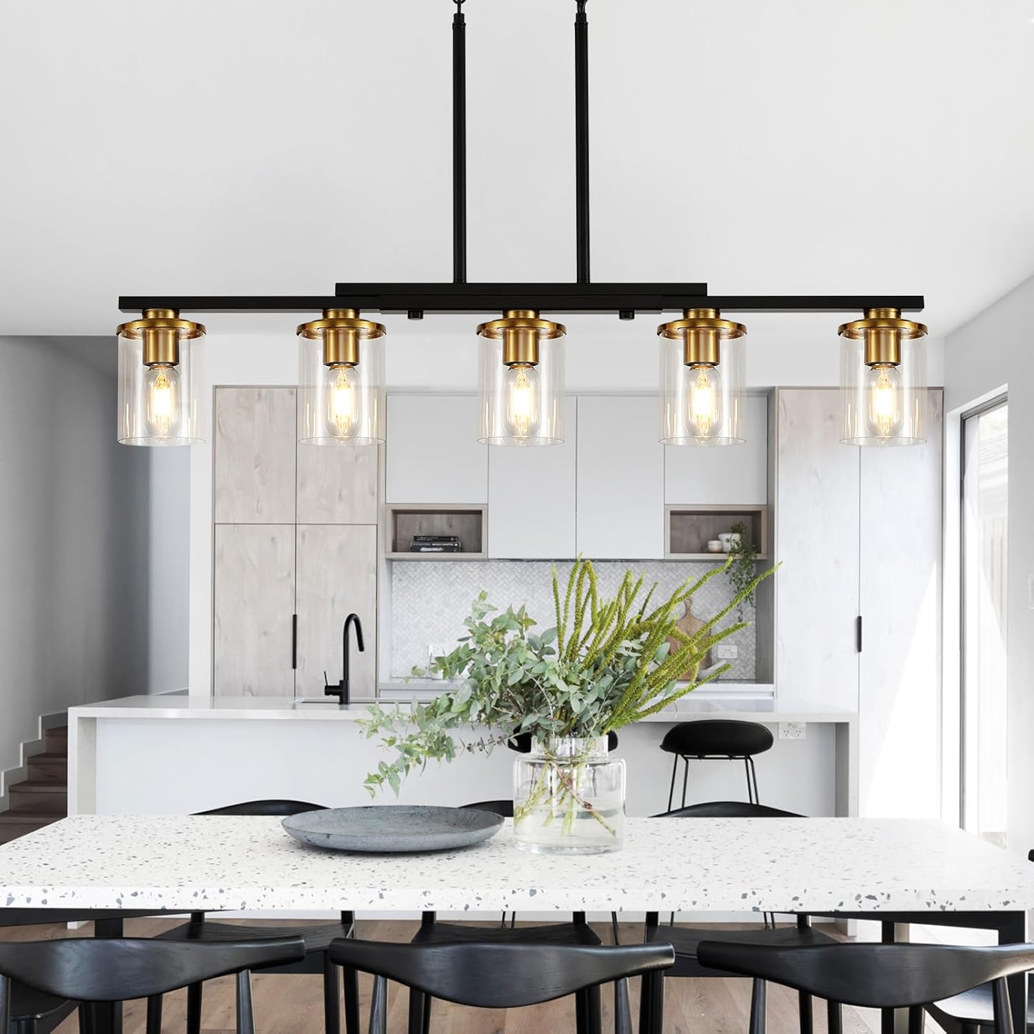 5-Light Kitchen Island Lighting,Dining Room Lights Modern Farmhouse Chandelier with Clear Glass Shade,Modern Rustic Black and Gold Metal Chandelier, Kitchen Pendant Light Fixtures Over Table