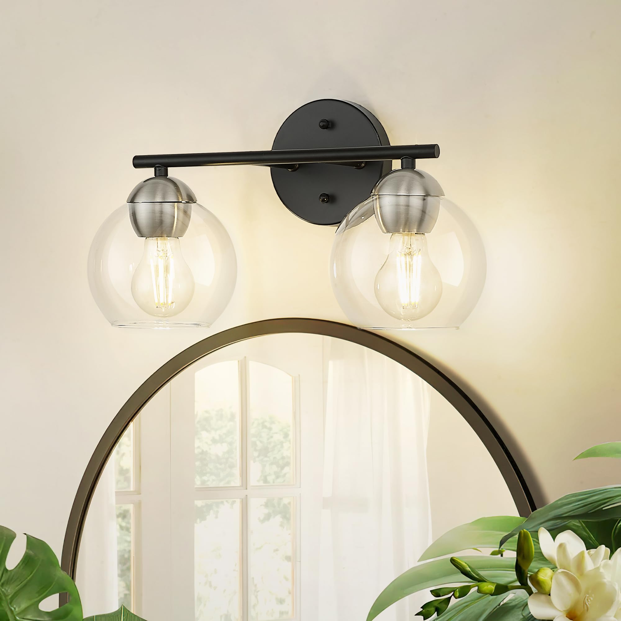 Black Vanity Lights for Mirror, Modern Farmhouse 2-Light Bathroom Light Fixtures Globe Bathroom Vanity Light with Milk Glass Shade, VL114-BK-ML-2